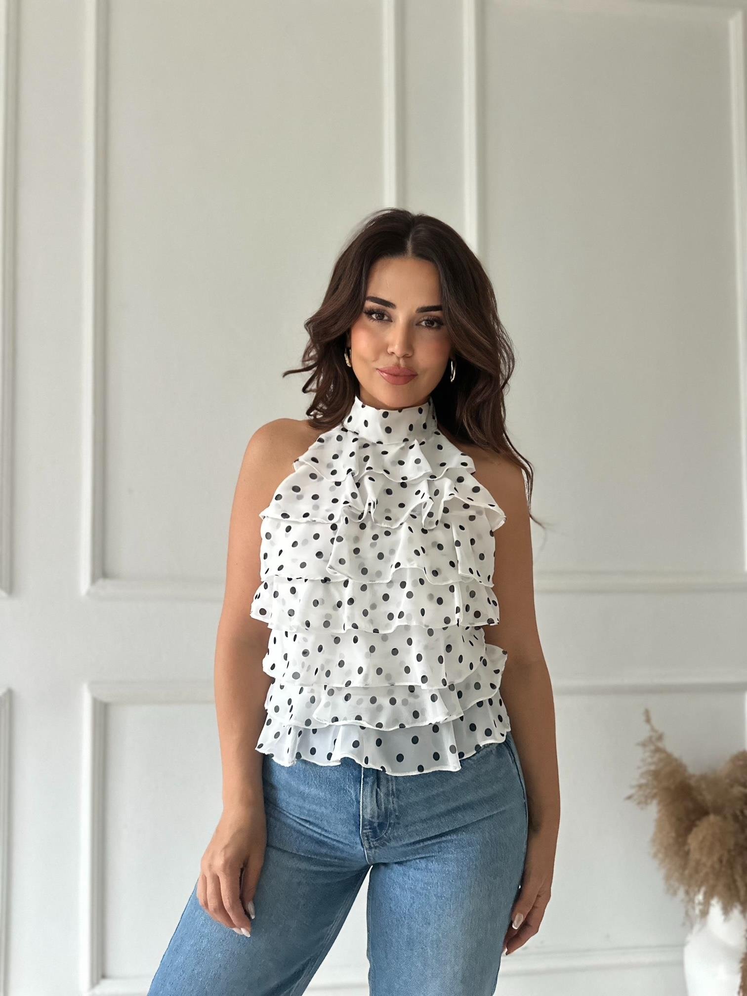 ZR Model Georgette Puantiyeli Şifon Bluz - Beyaz/Siyah