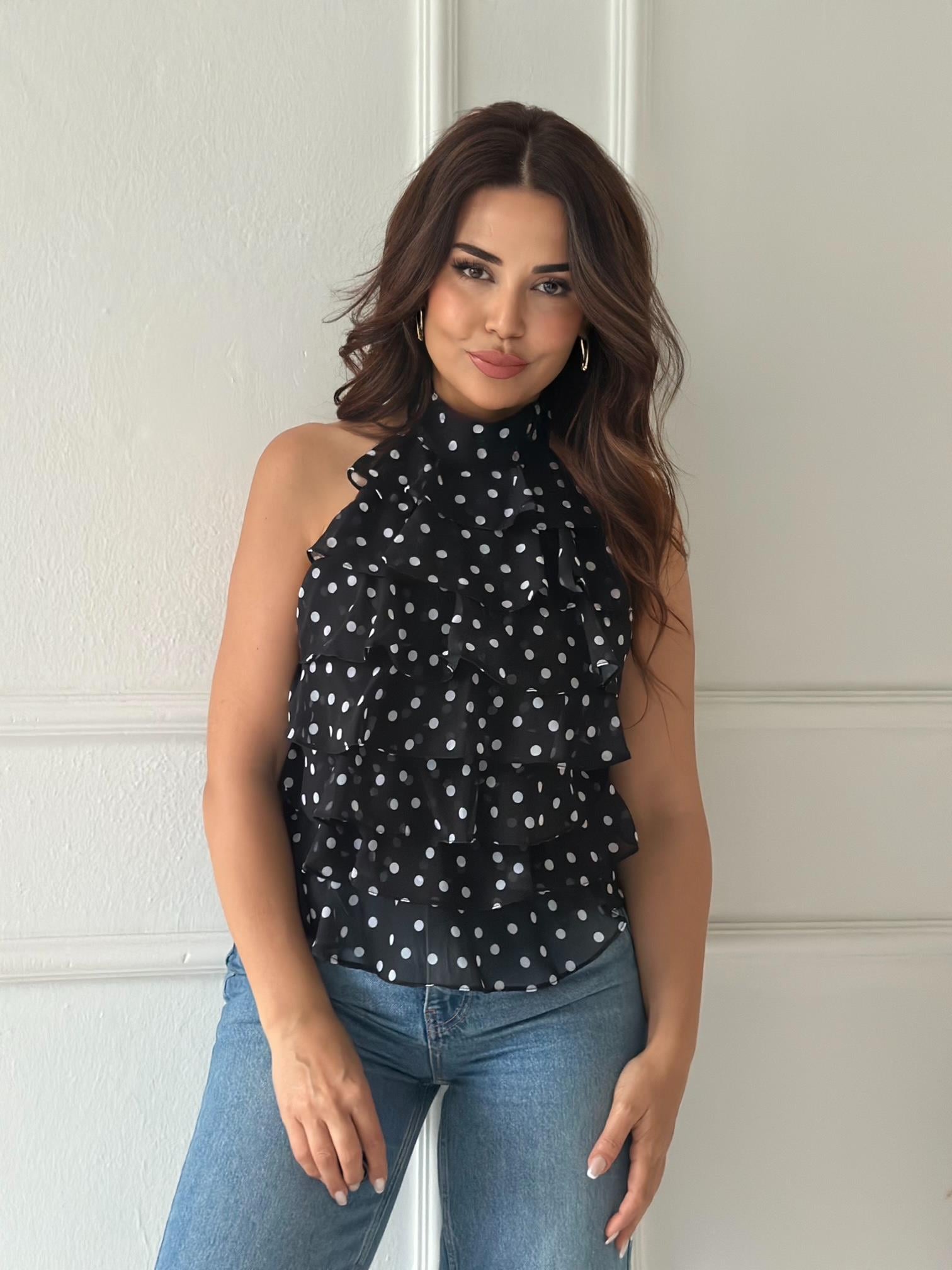 ZR Model Georgette Puantiyeli Şifon Bluz - Siyah/Beyaz