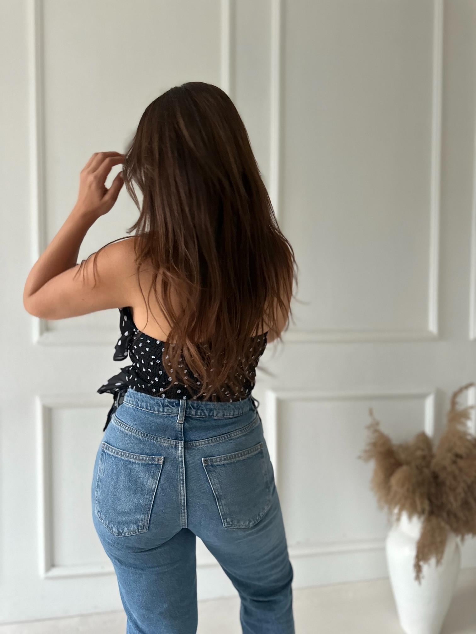 ZR Model Georgette Puantiyeli Şifon Bluz - Siyah/Beyaz