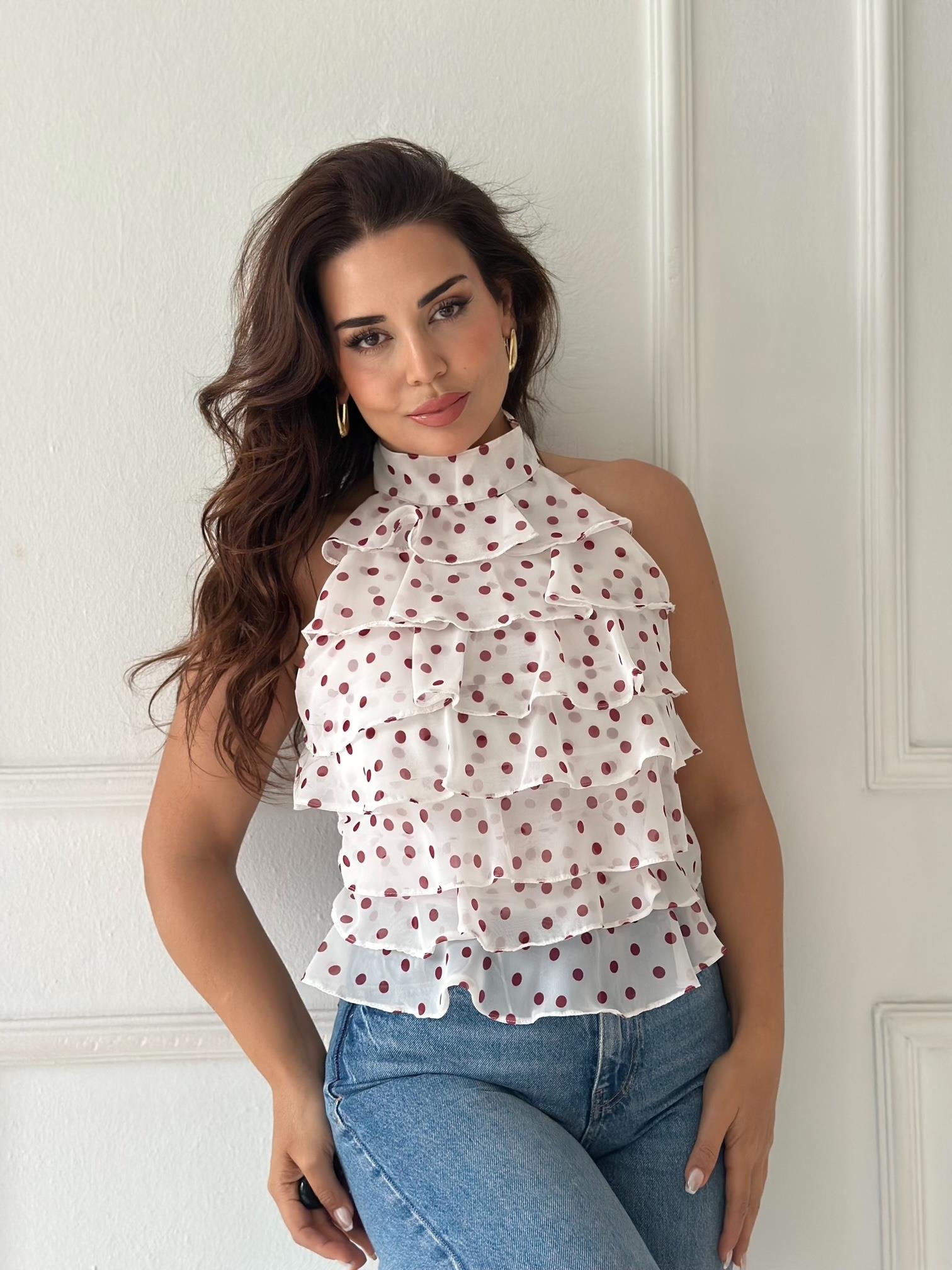 ZR Model Georgette Puantiyeli Şifon Bluz - Ekru/Kırmızı