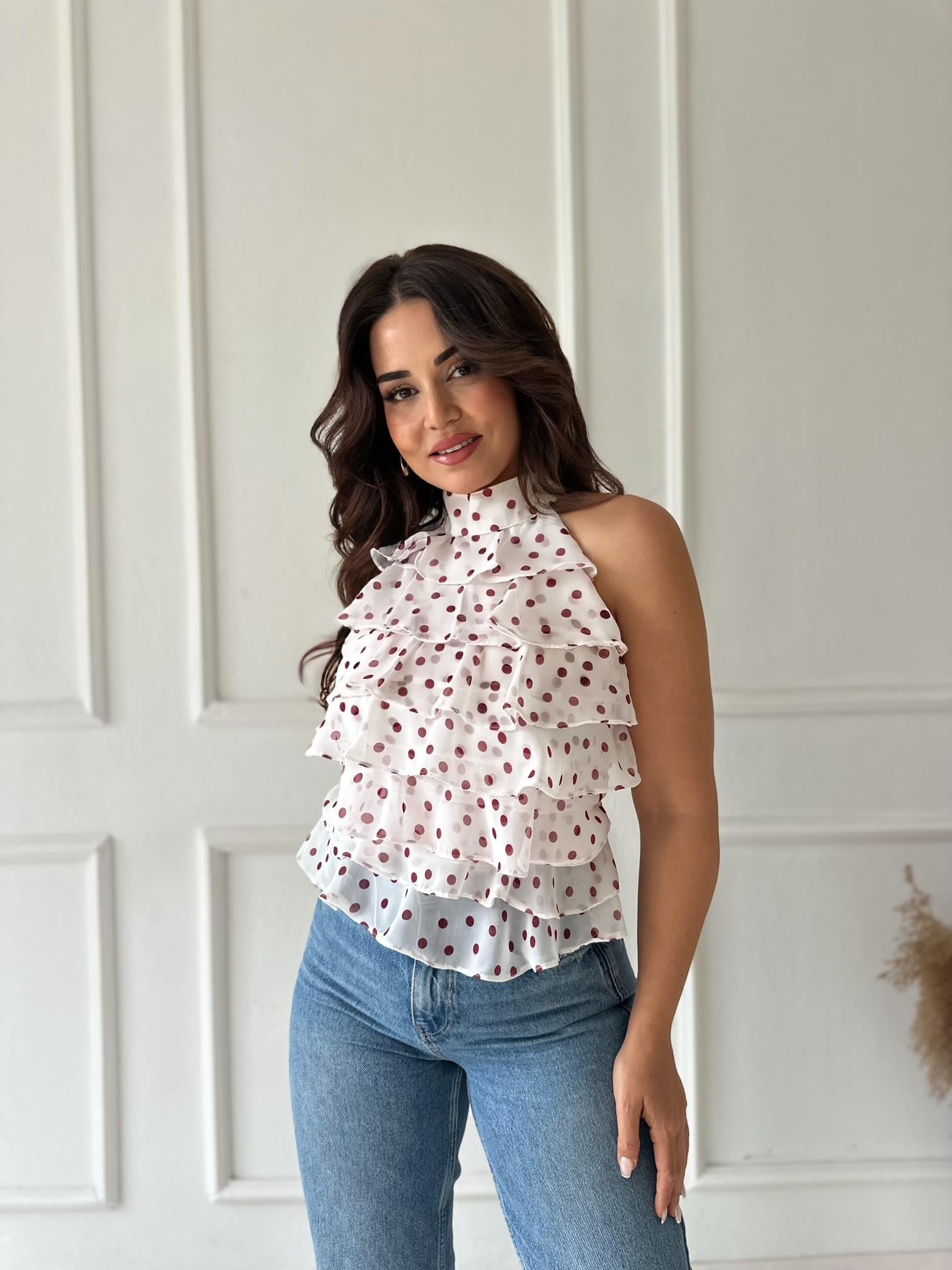 ZR Model Georgette Puantiyeli Şifon Bluz - Ekru/Kırmızı