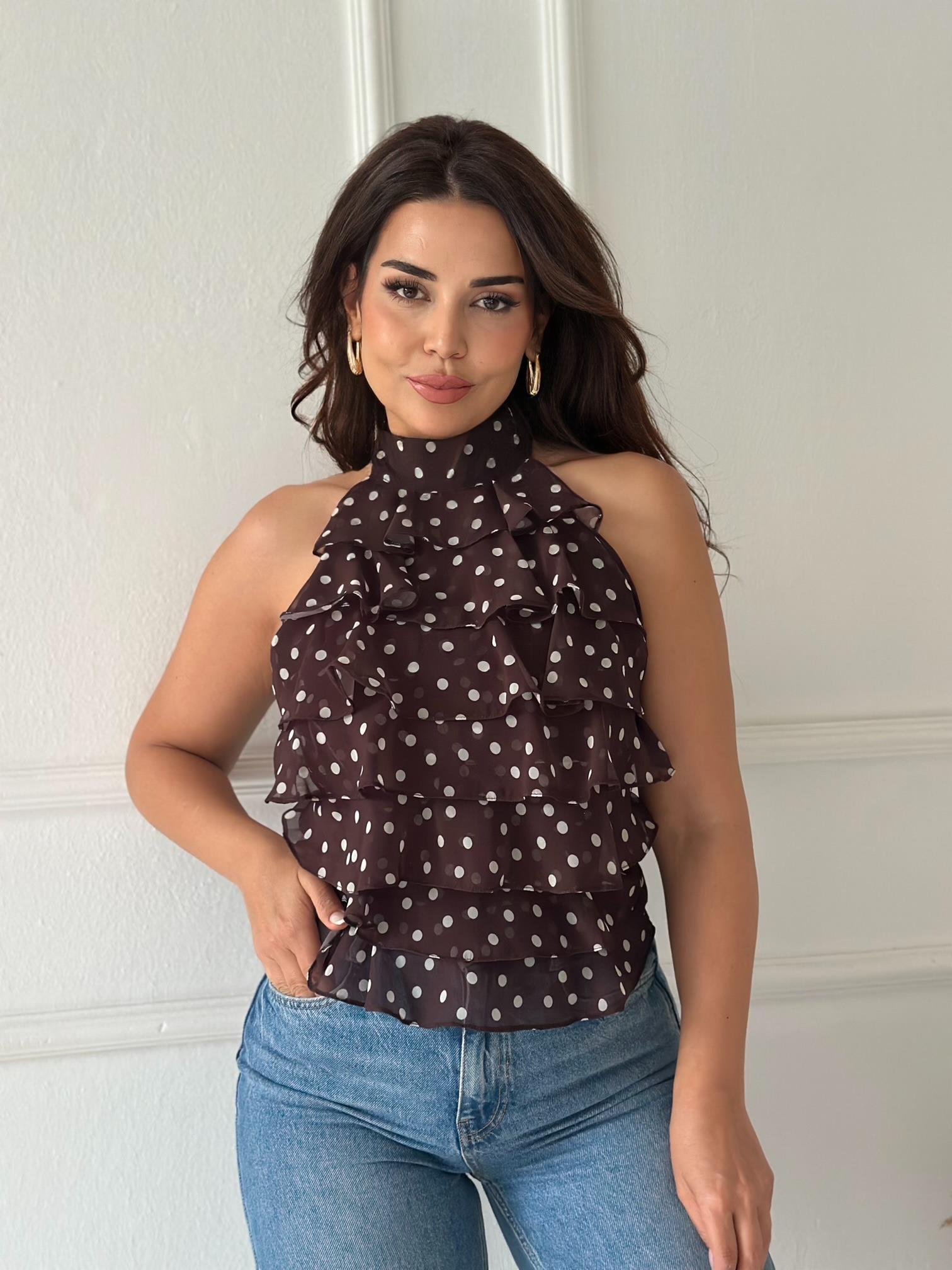 ZR Model Georgette Puantiyeli Şifon Bluz - Kahve/Ekru