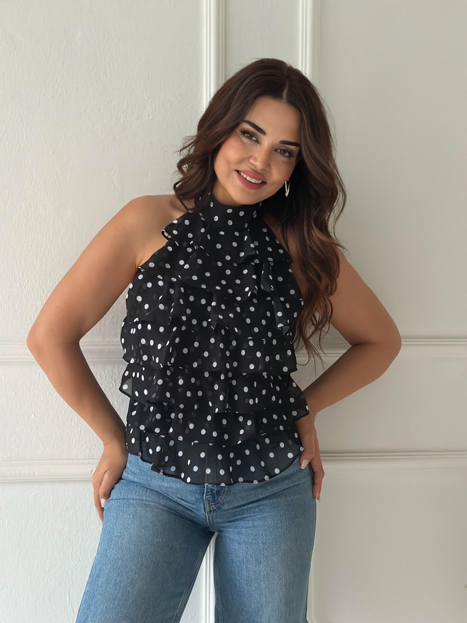 ZR Model Georgette Puantiyeli Şifon Bluz - Siyah/Beyaz