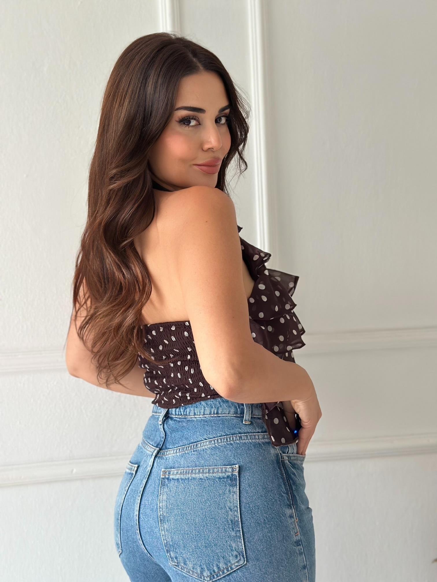 ZR Model Georgette Puantiyeli Şifon Bluz - Kahve/Ekru