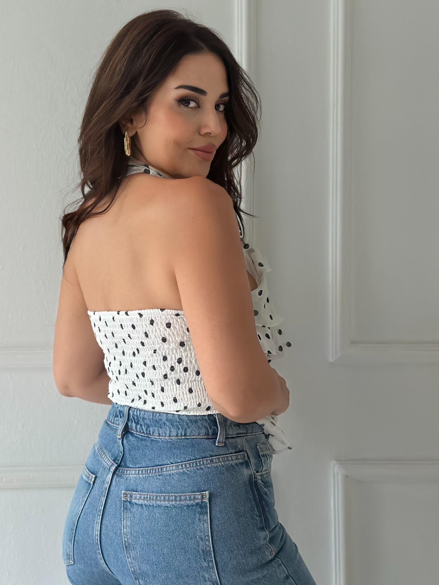 ZR Model Georgette Puantiyeli Şifon Bluz - Beyaz/Siyah