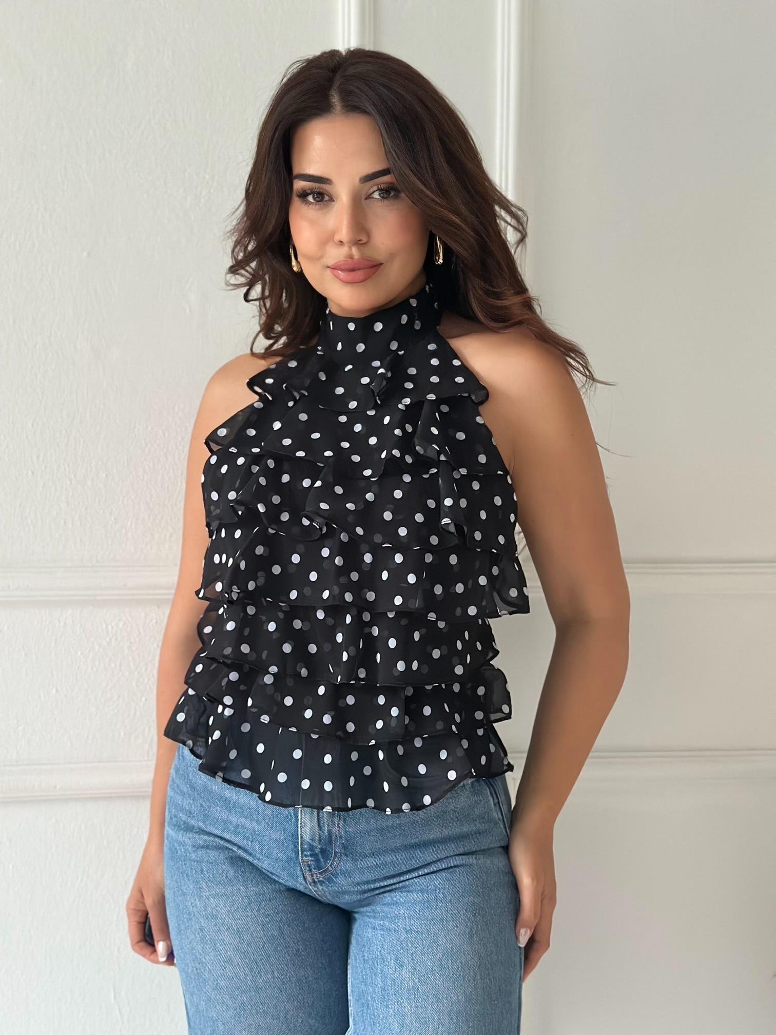 ZR Model Georgette Puantiyeli Şifon Bluz - Siyah/Beyaz