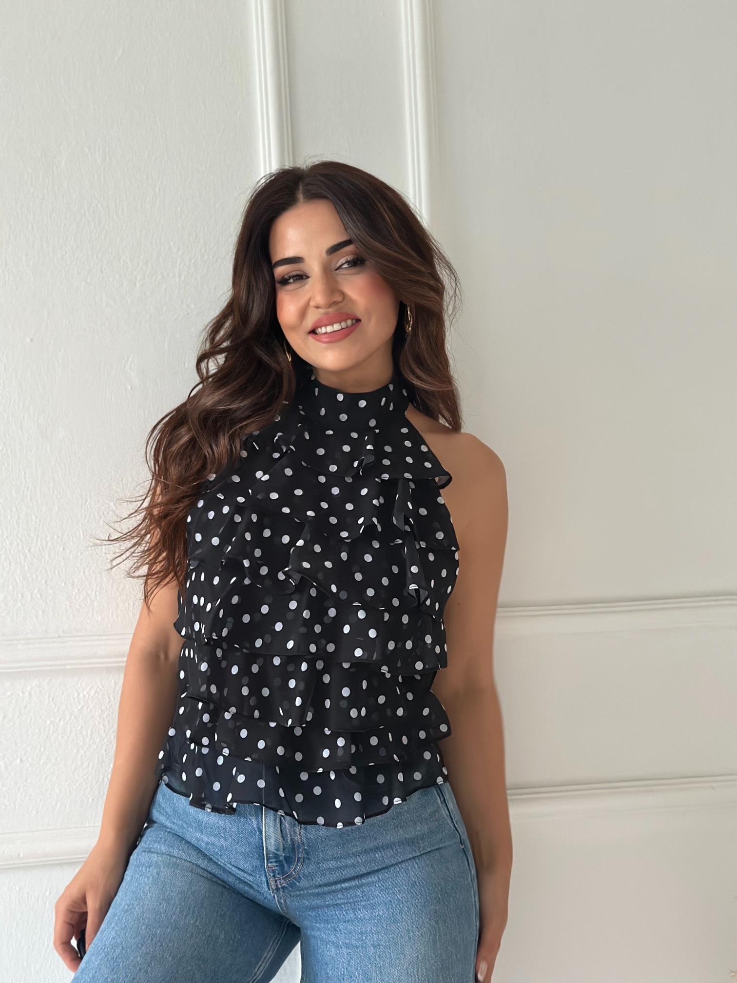 ZR Model Georgette Puantiyeli Şifon Bluz - Siyah/Beyaz