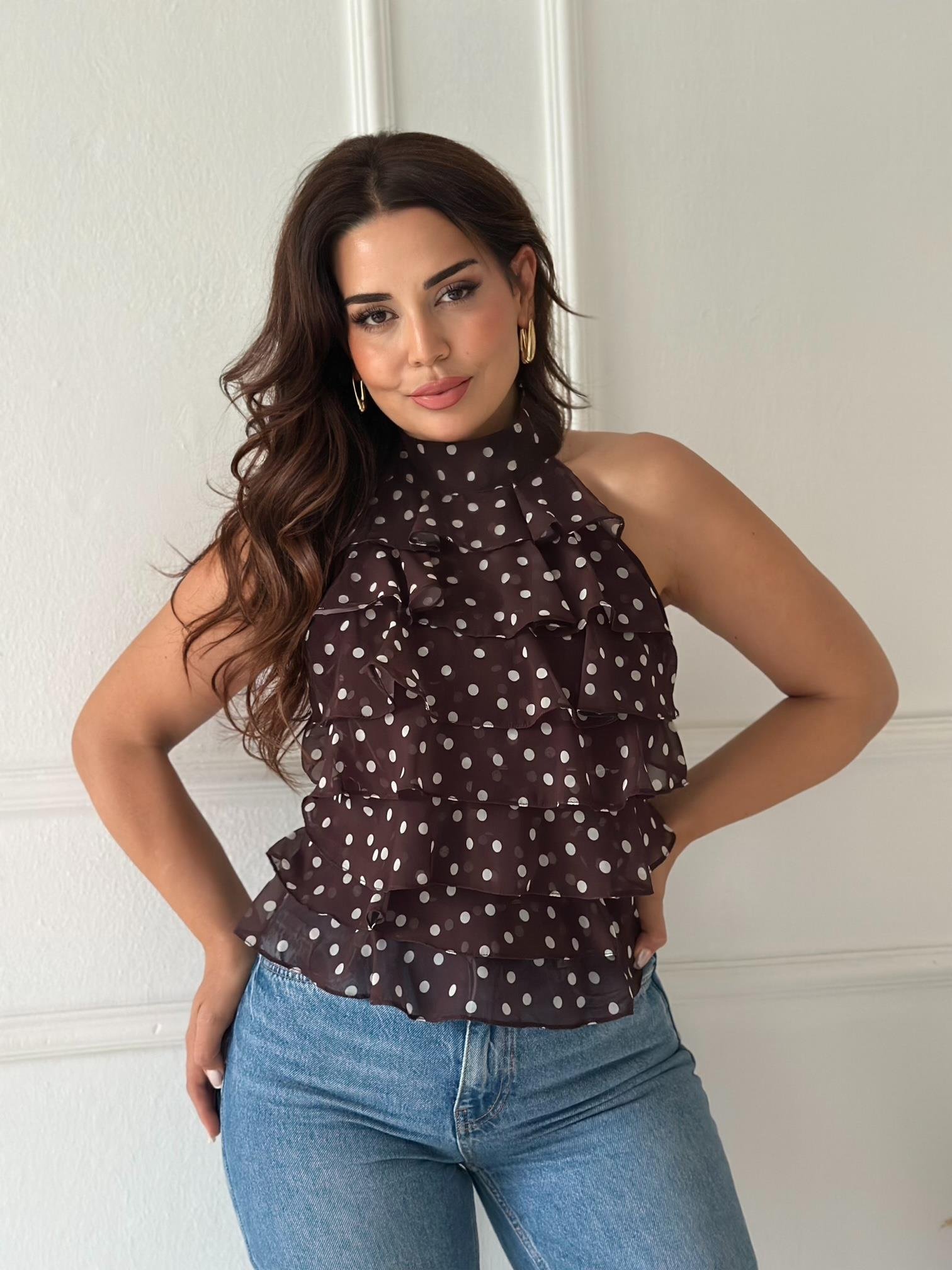 ZR Model Georgette Puantiyeli Şifon Bluz - Kahve/Ekru