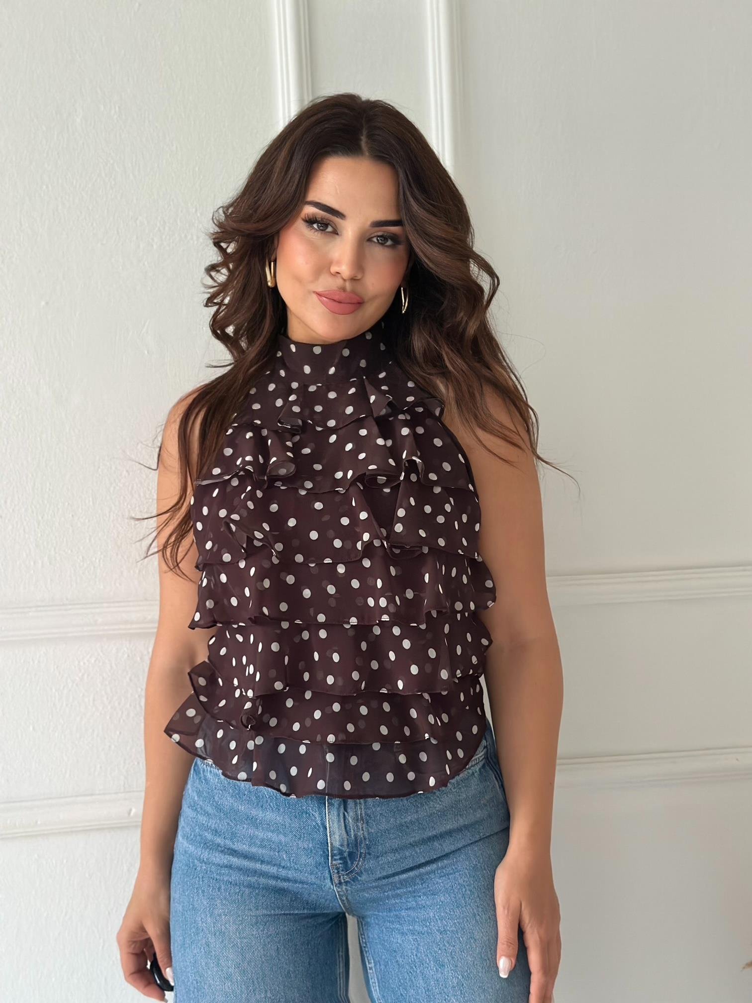 ZR Model Georgette Puantiyeli Şifon Bluz - Kahve/Ekru