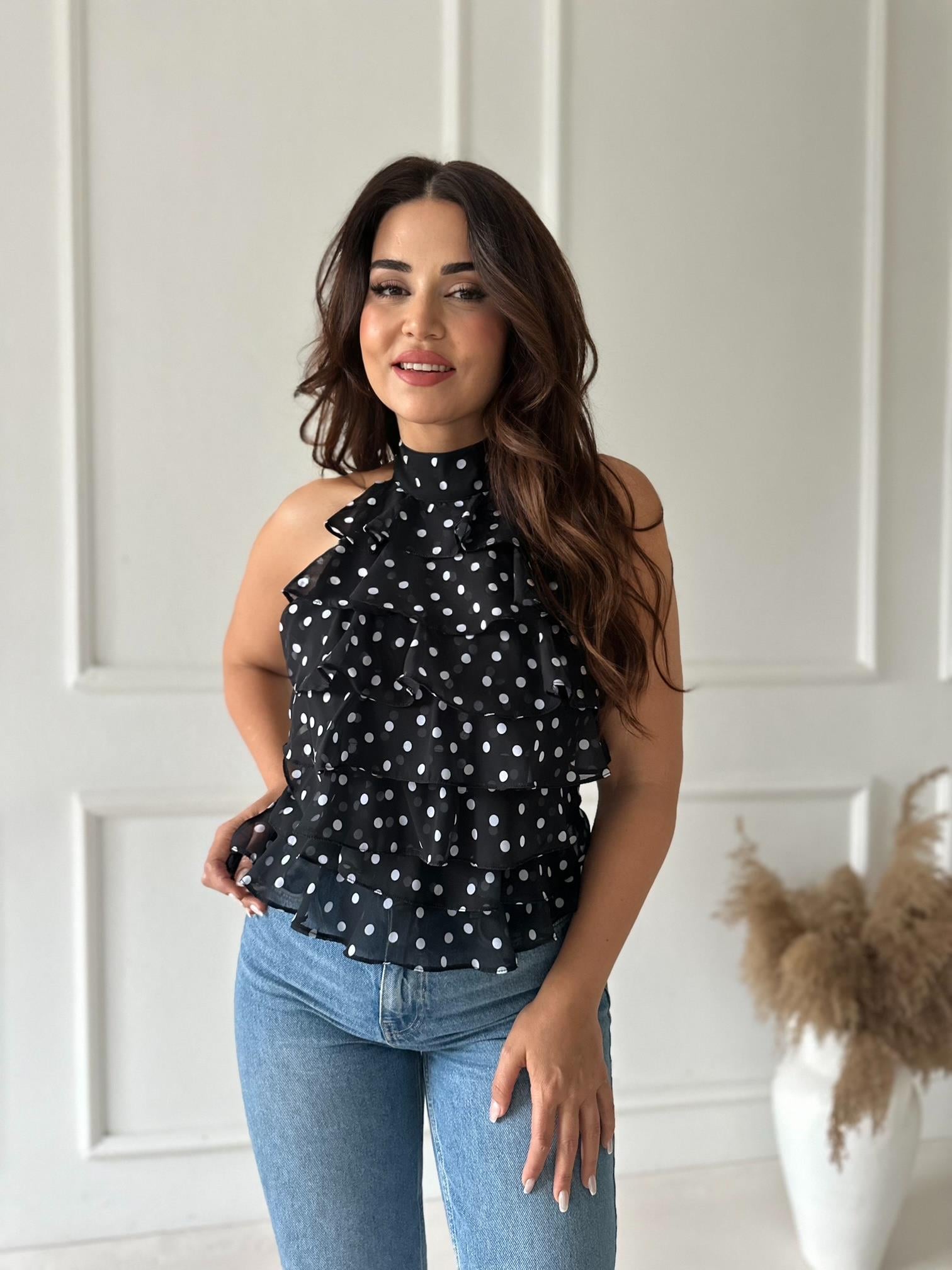 ZR Model Georgette Puantiyeli Şifon Bluz - Siyah/Beyaz