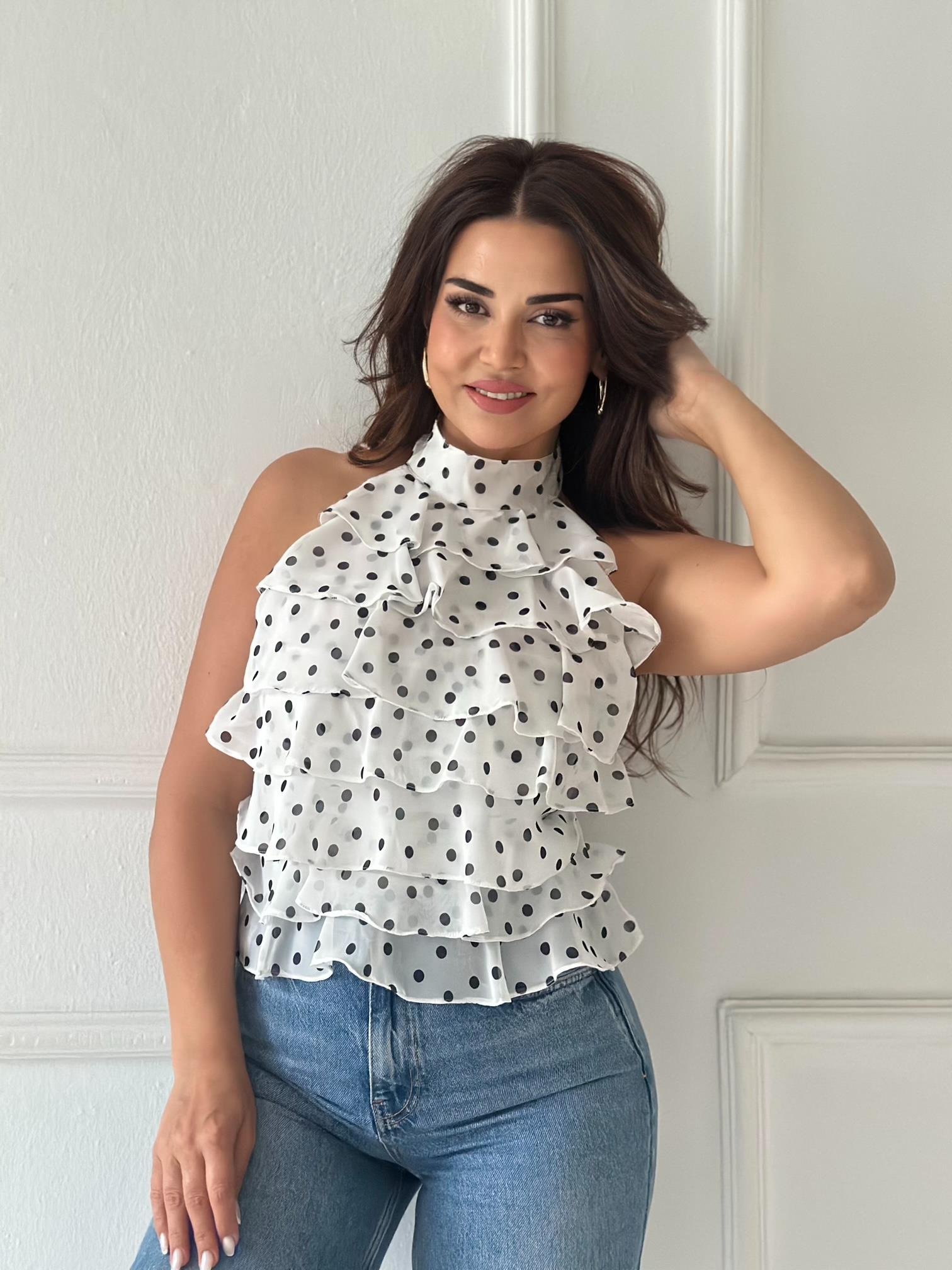 ZR Model Georgette Puantiyeli Şifon Bluz - Beyaz/Siyah