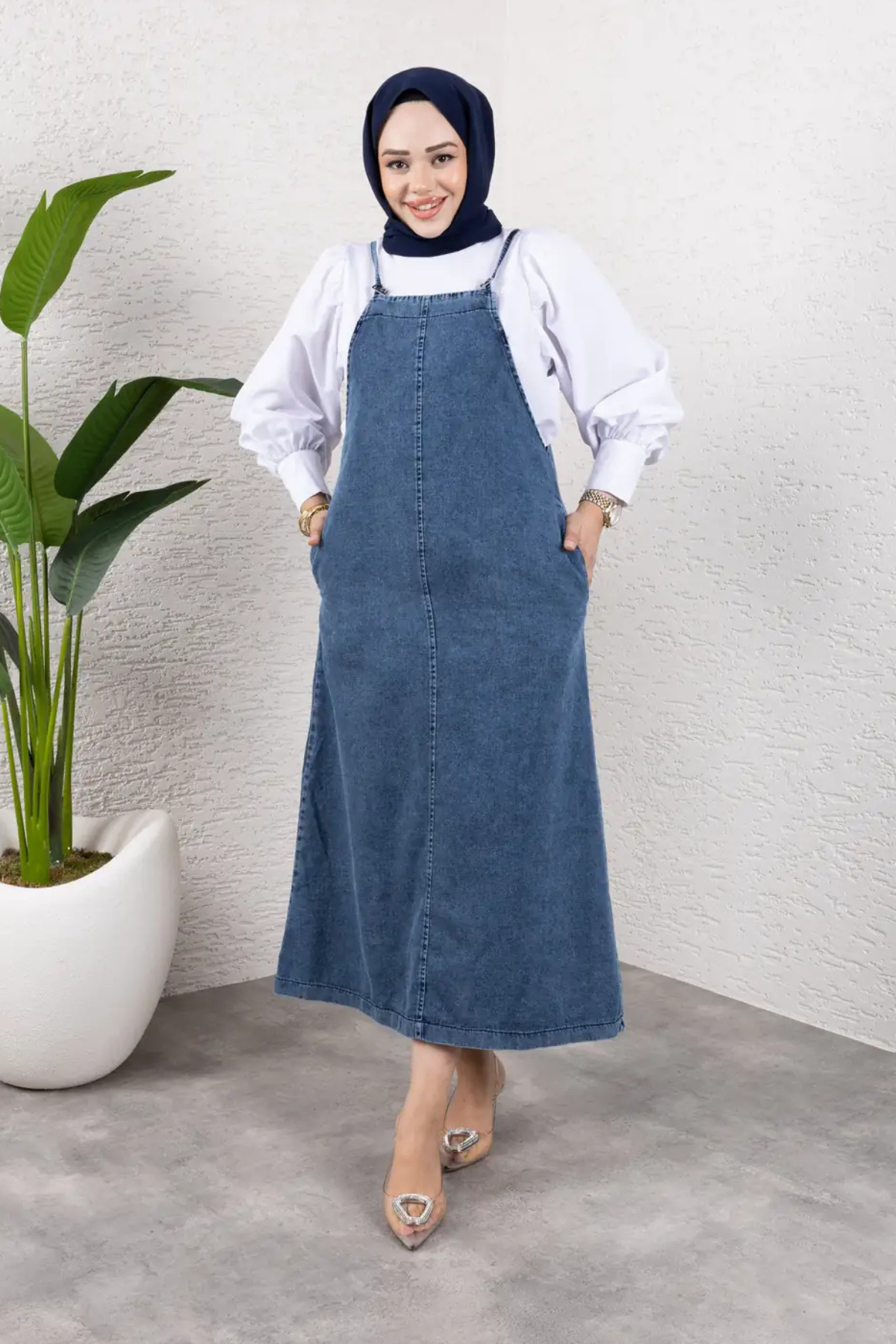 Askılı Denim Uzun Elbise | Rahat Kalıp Tesettür Uyumlu