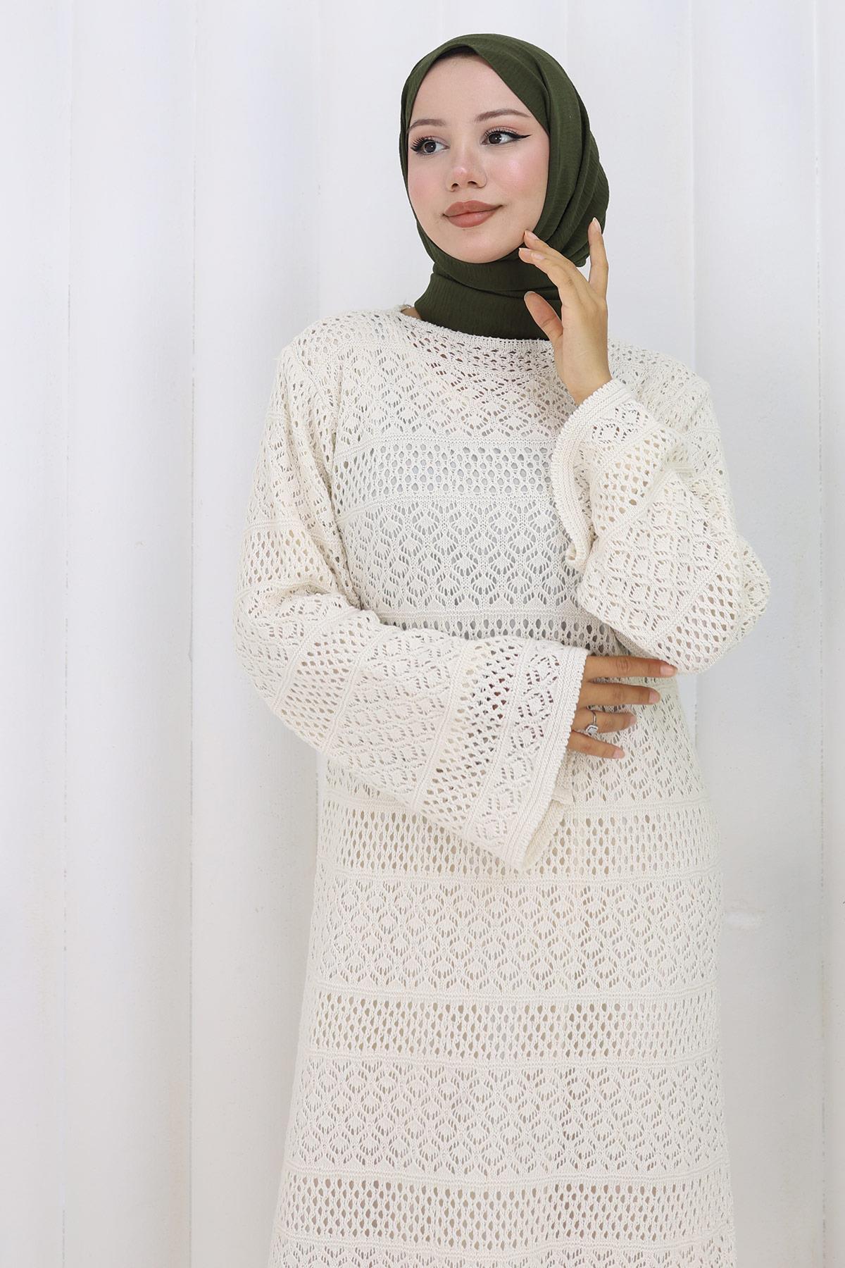 Astarlı Ajur Elbise Krem HM2841