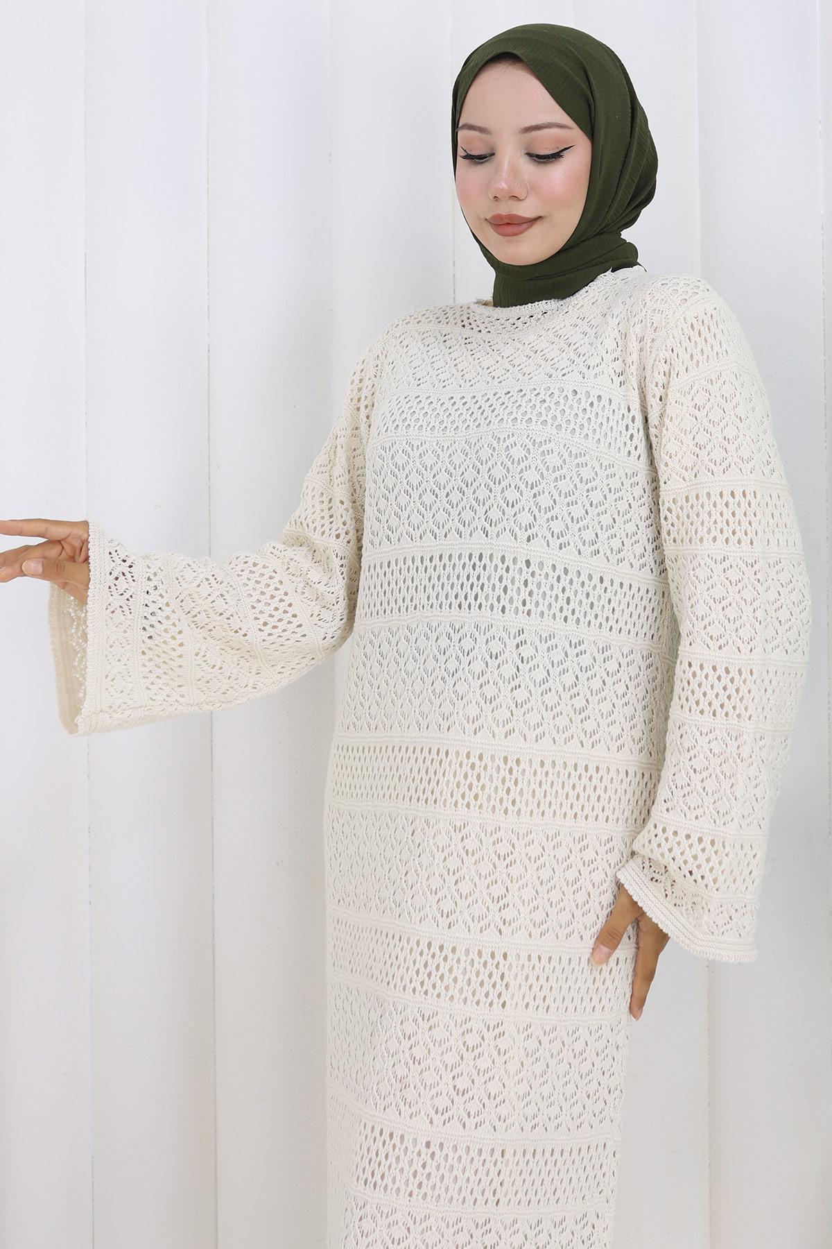 Astarlı Ajur Elbise Krem HM2841