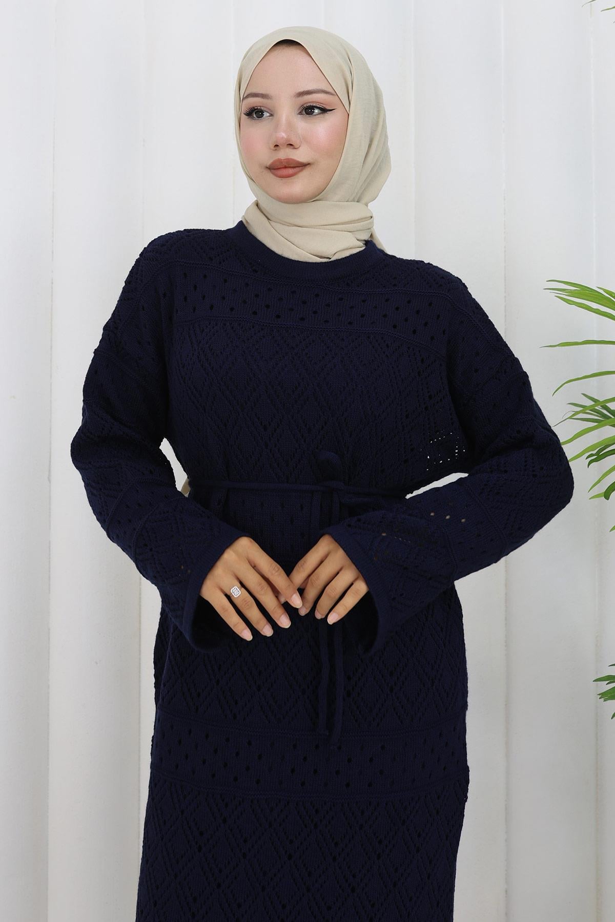 Astarlı Bağcıklı Ajurlu Elbise Lacivert HM2840