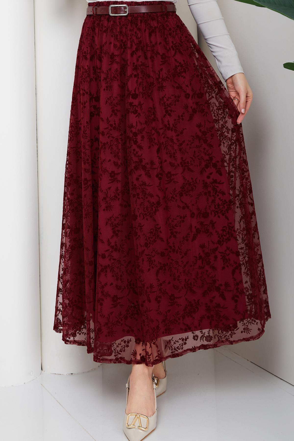 Astarlı Kemerli Çiçek Desenli Tül Etek Bordo HM2877