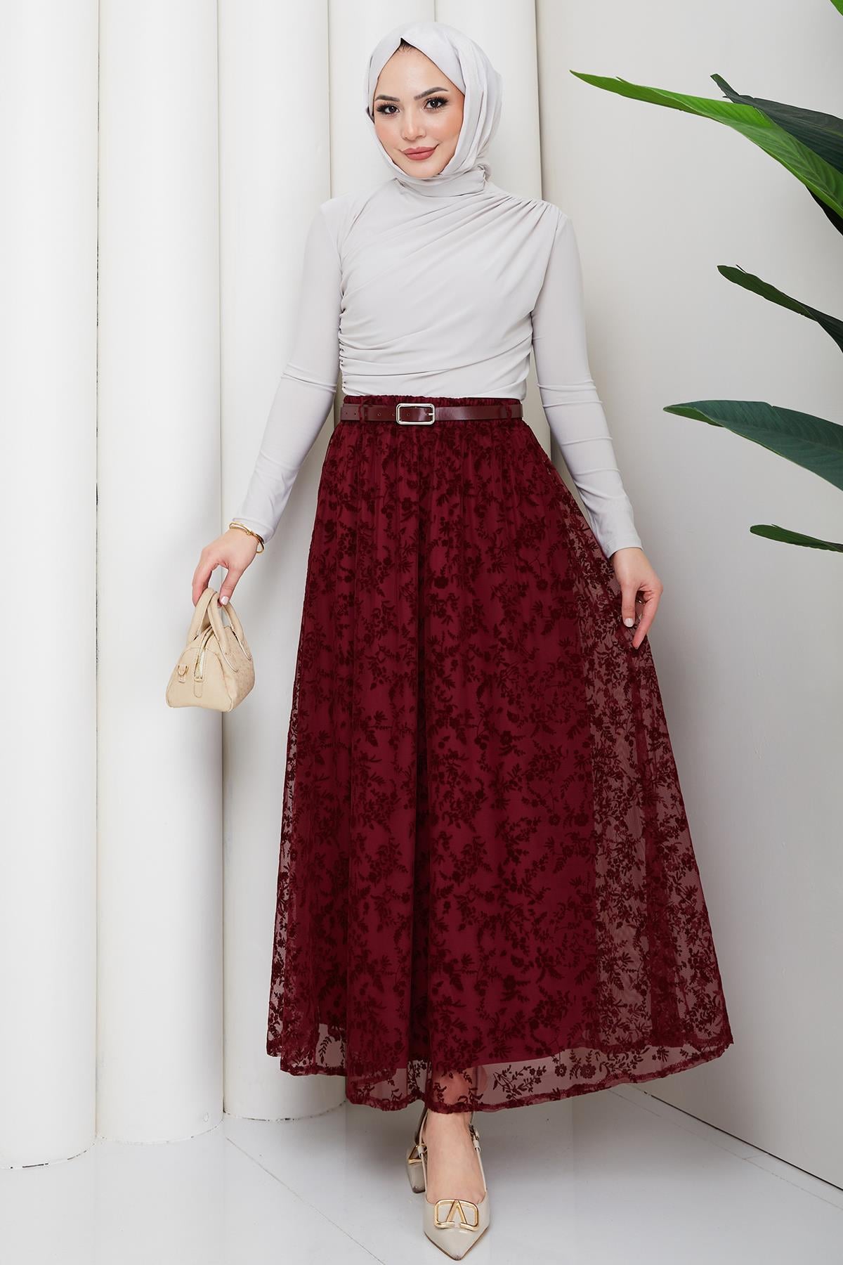 Astarlı Kemerli Çiçek Desenli Tül Etek Bordo HM2877
