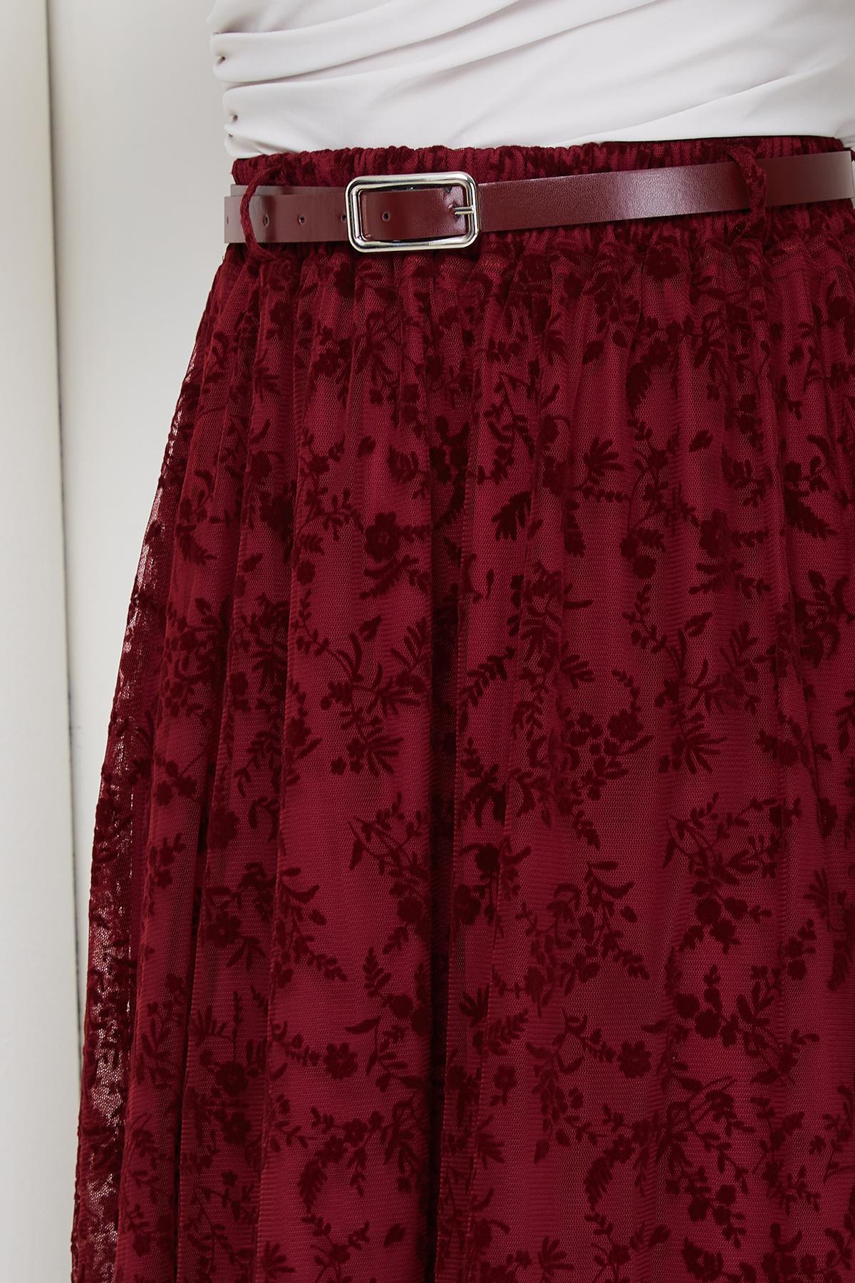 Astarlı Kemerli Çiçek Desenli Tül Etek Bordo HM2877