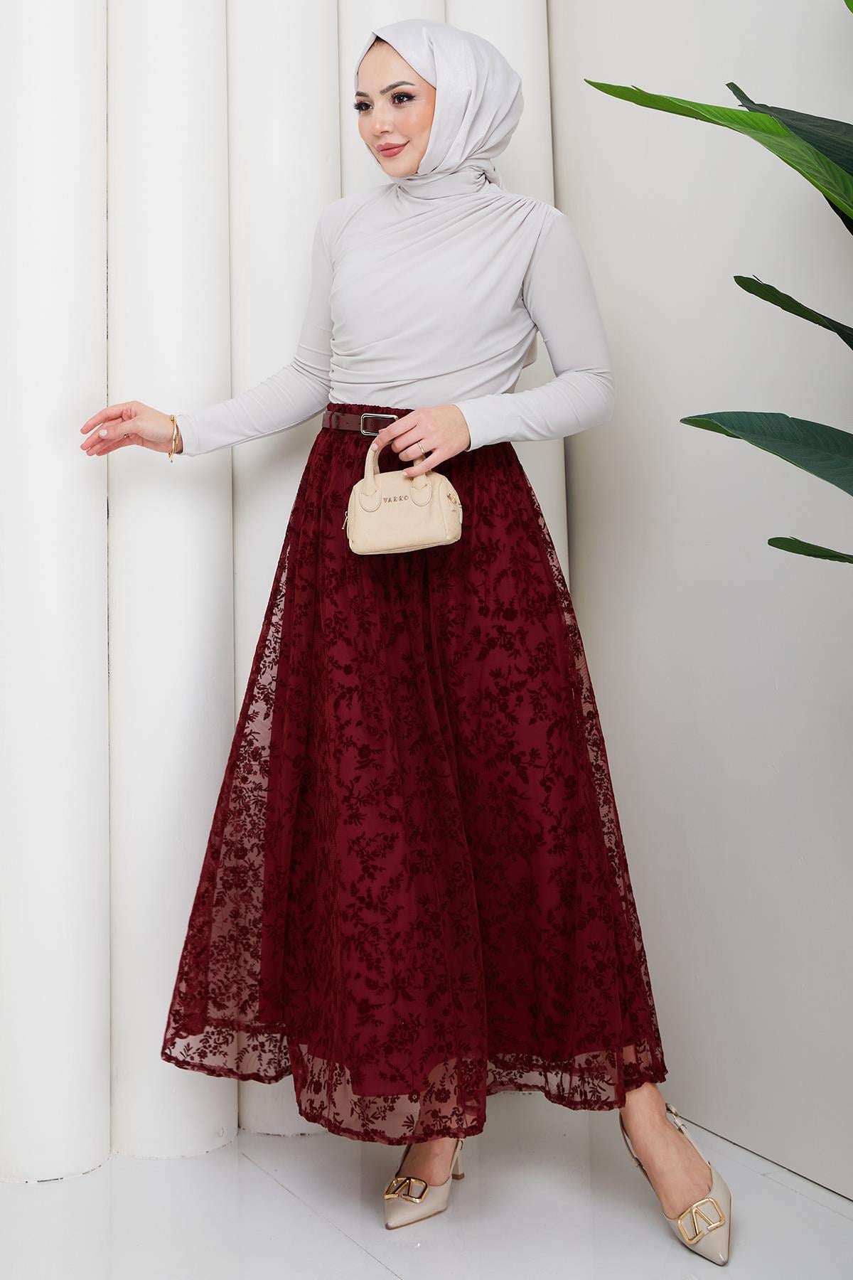 Astarlı Kemerli Çiçek Desenli Tül Etek Bordo HM2877
