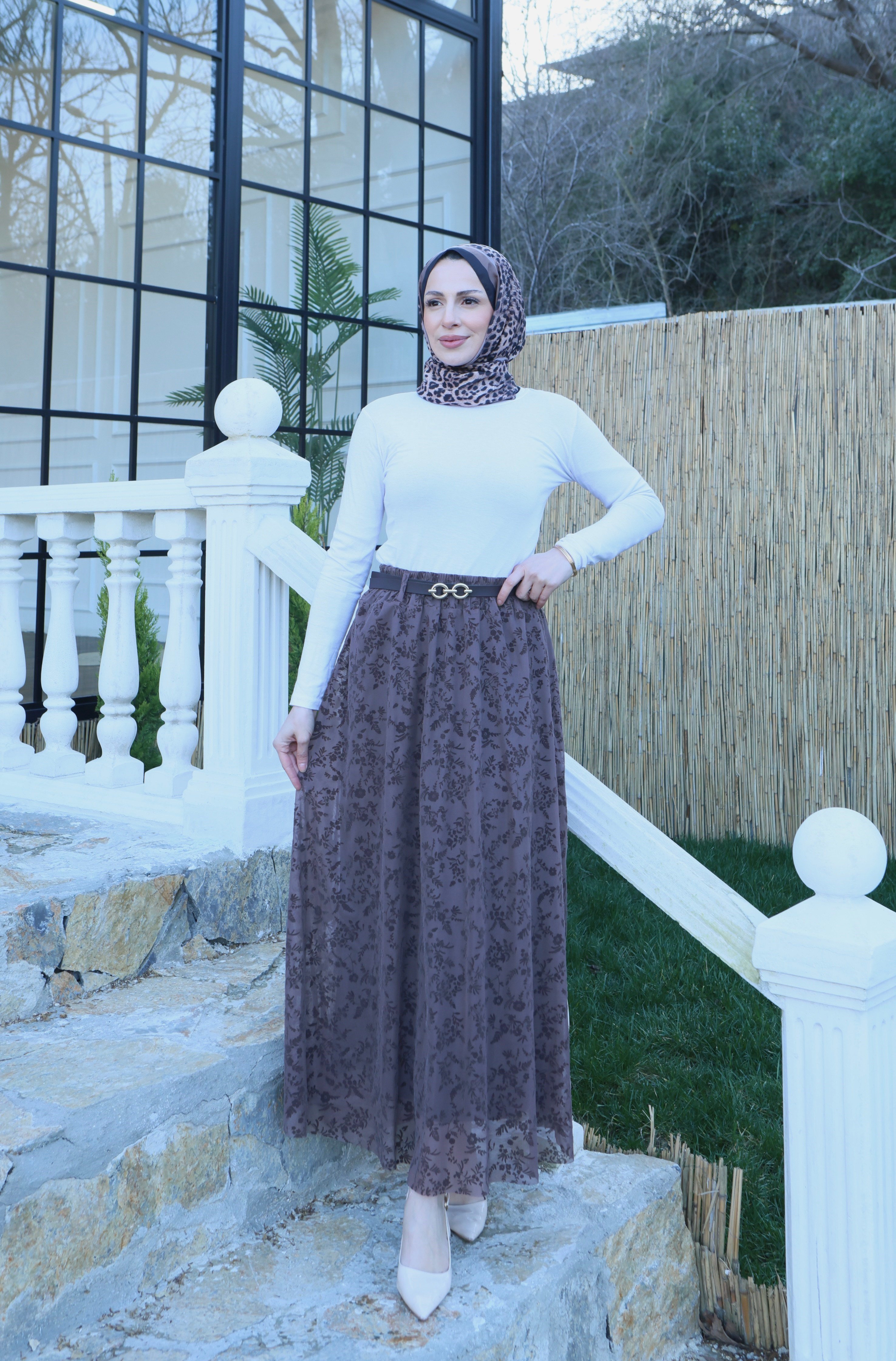 Astarlı Kemerli Çiçek Desenli Tül Etek Kahve  HNT1007