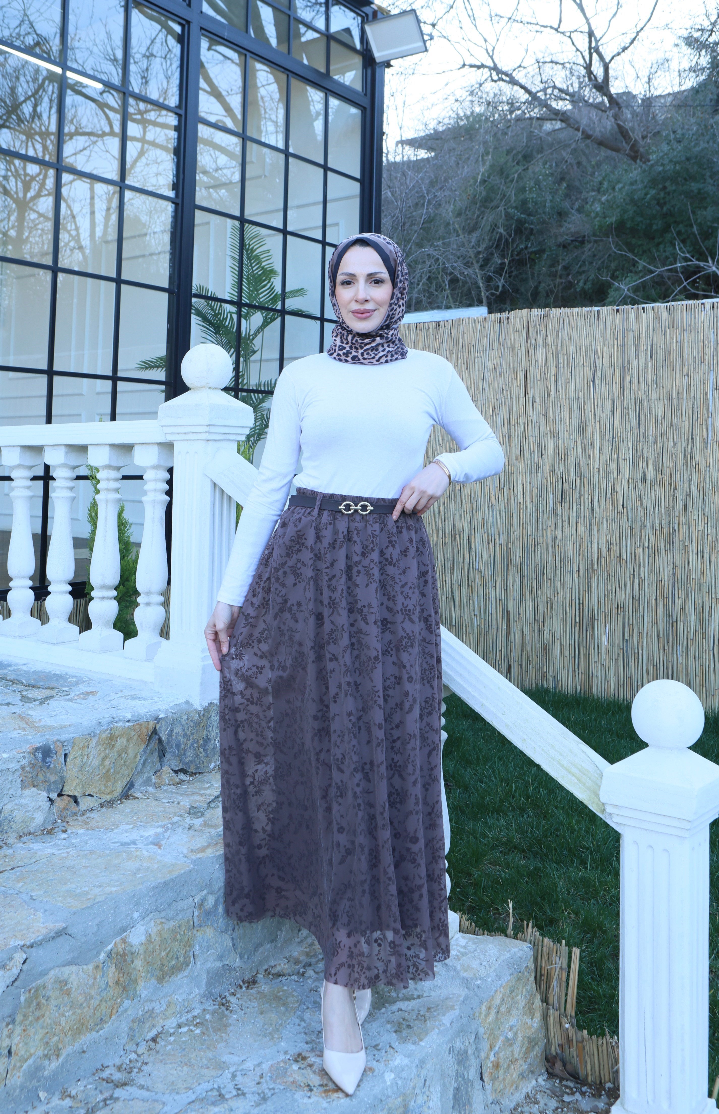 Astarlı Kemerli Çiçek Desenli Tül Etek Kahve  HNT1007