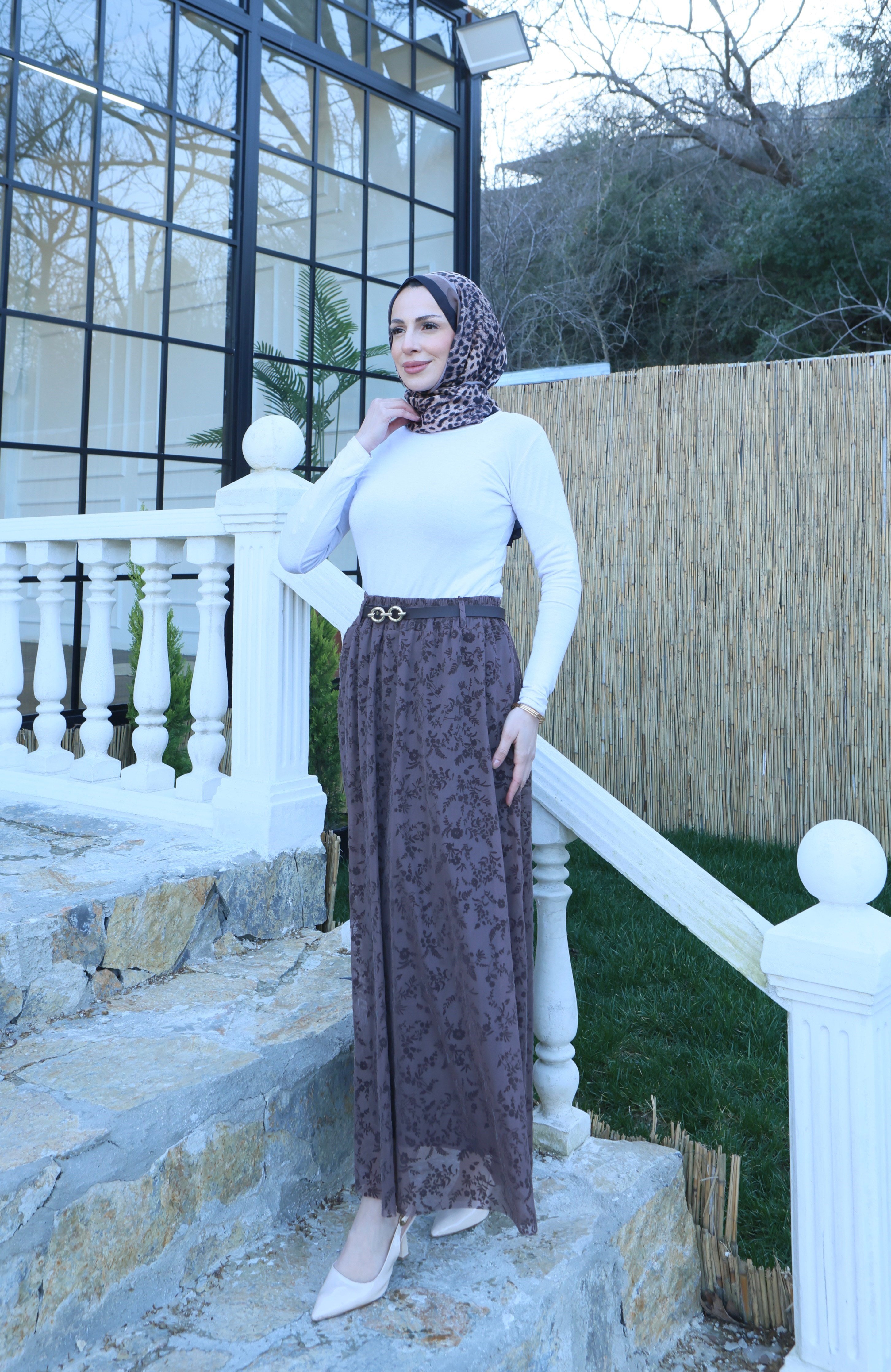Astarlı Kemerli Çiçek Desenli Tül Etek Kahve  HNT1007