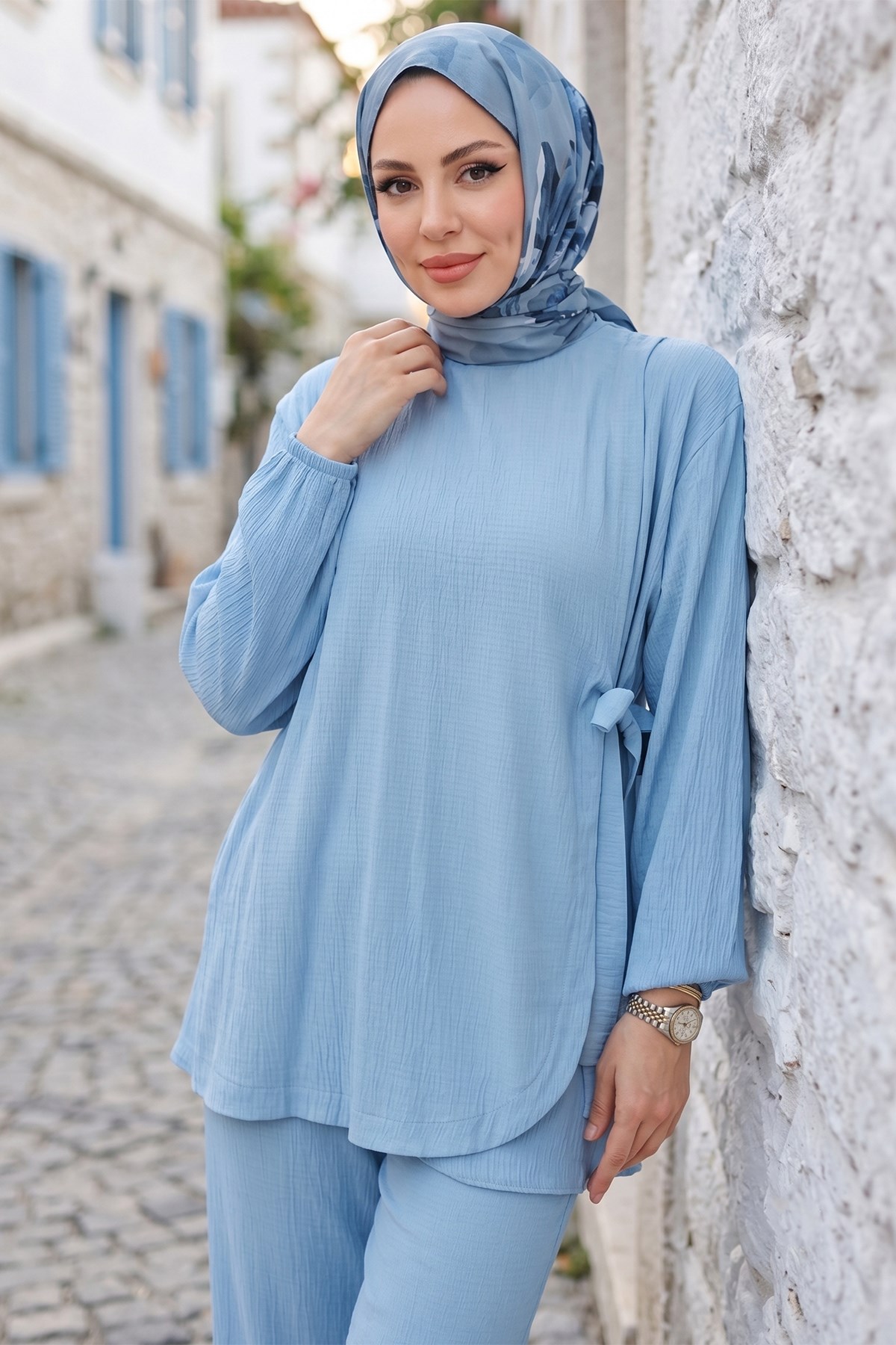 Bağlama Detaylı İkili Takım Bebe Mavisi HM2940