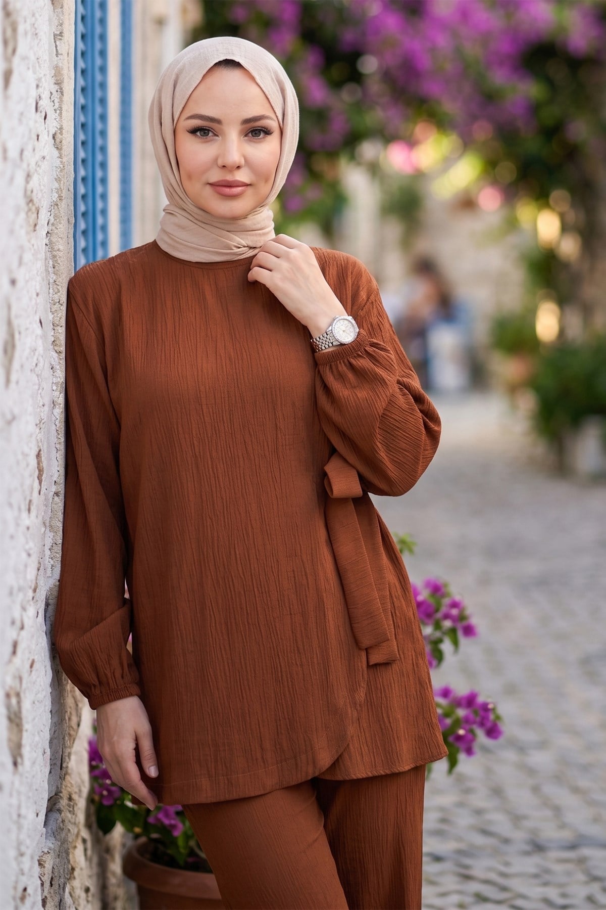 Bağlama Detaylı İkili Takım Kahverengi HM2940