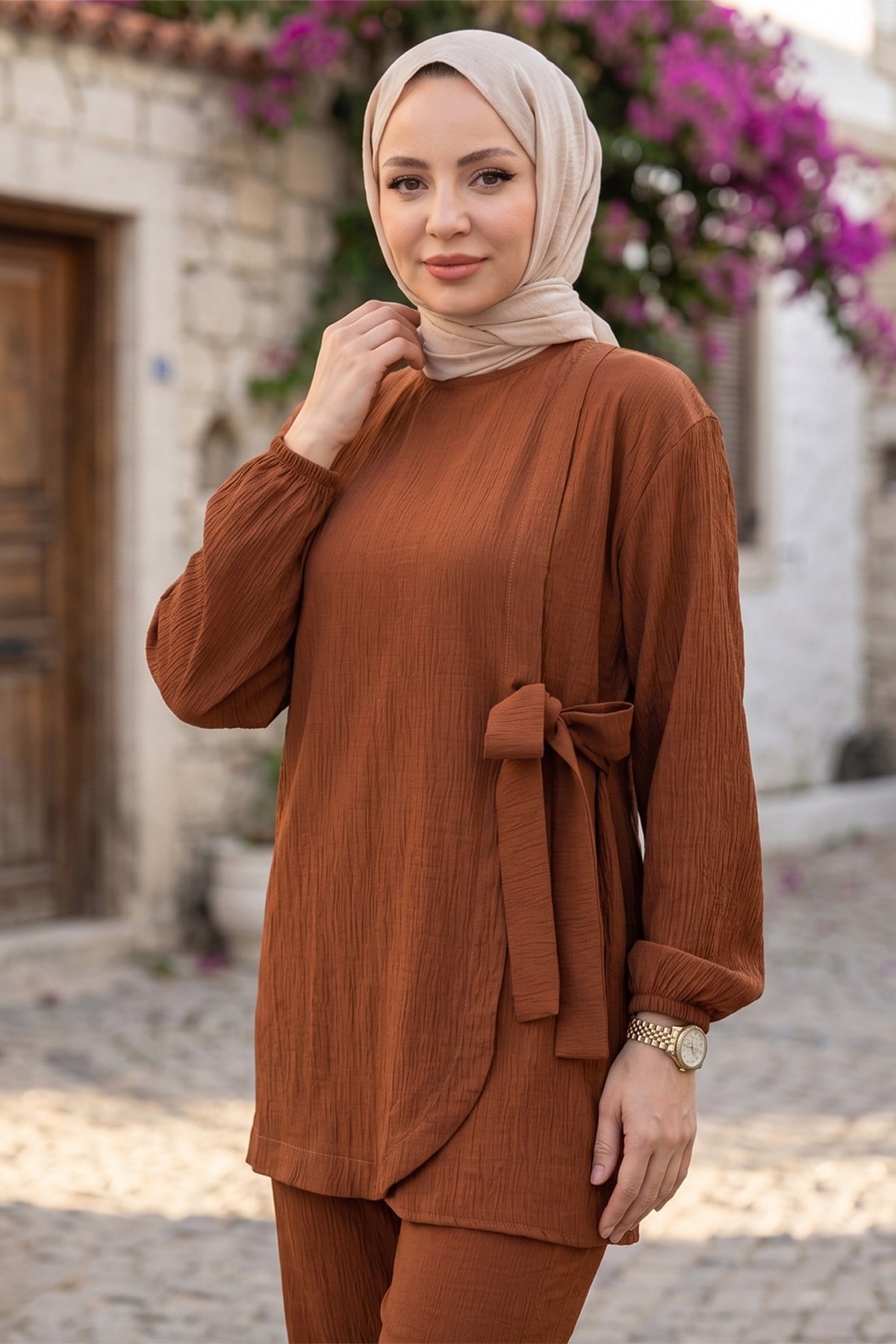 Bağlama Detaylı İkili Takım Kahverengi HM2940