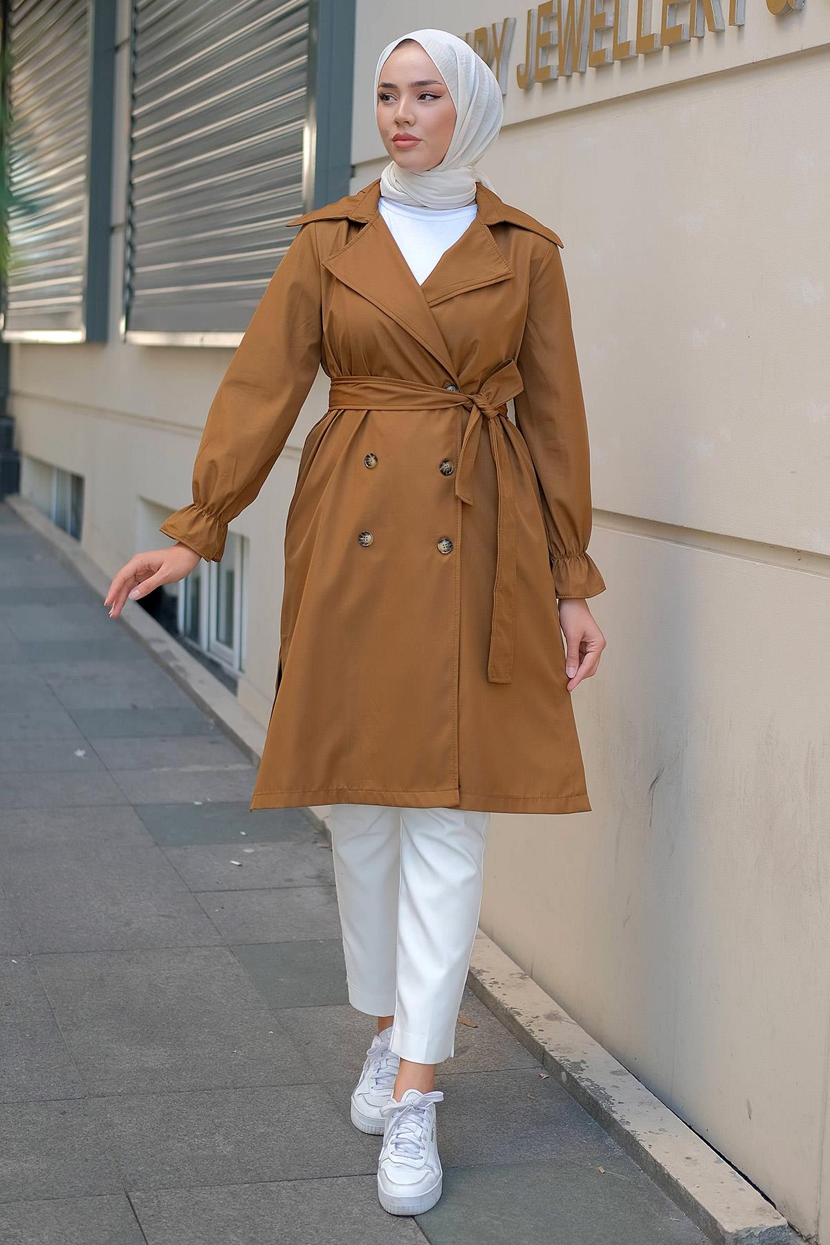 Bağlamalı Kolu Büzgülü Trençkot Taba HM2274
