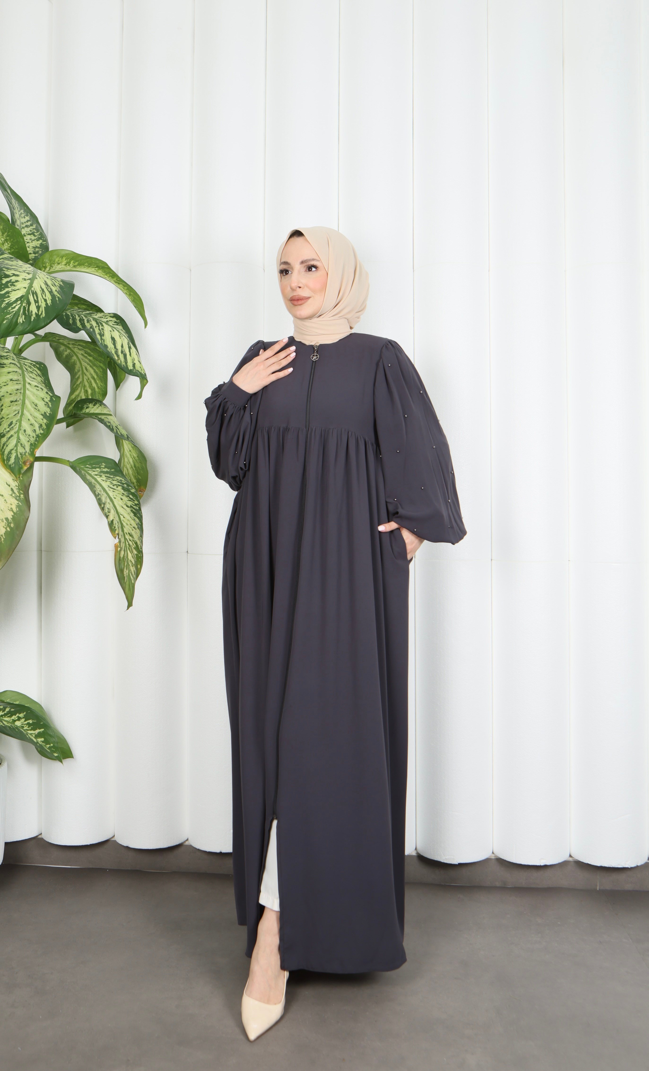 Balon Kol İnci Detaylı Fermuarlı Ferace Antrasit HNT7105