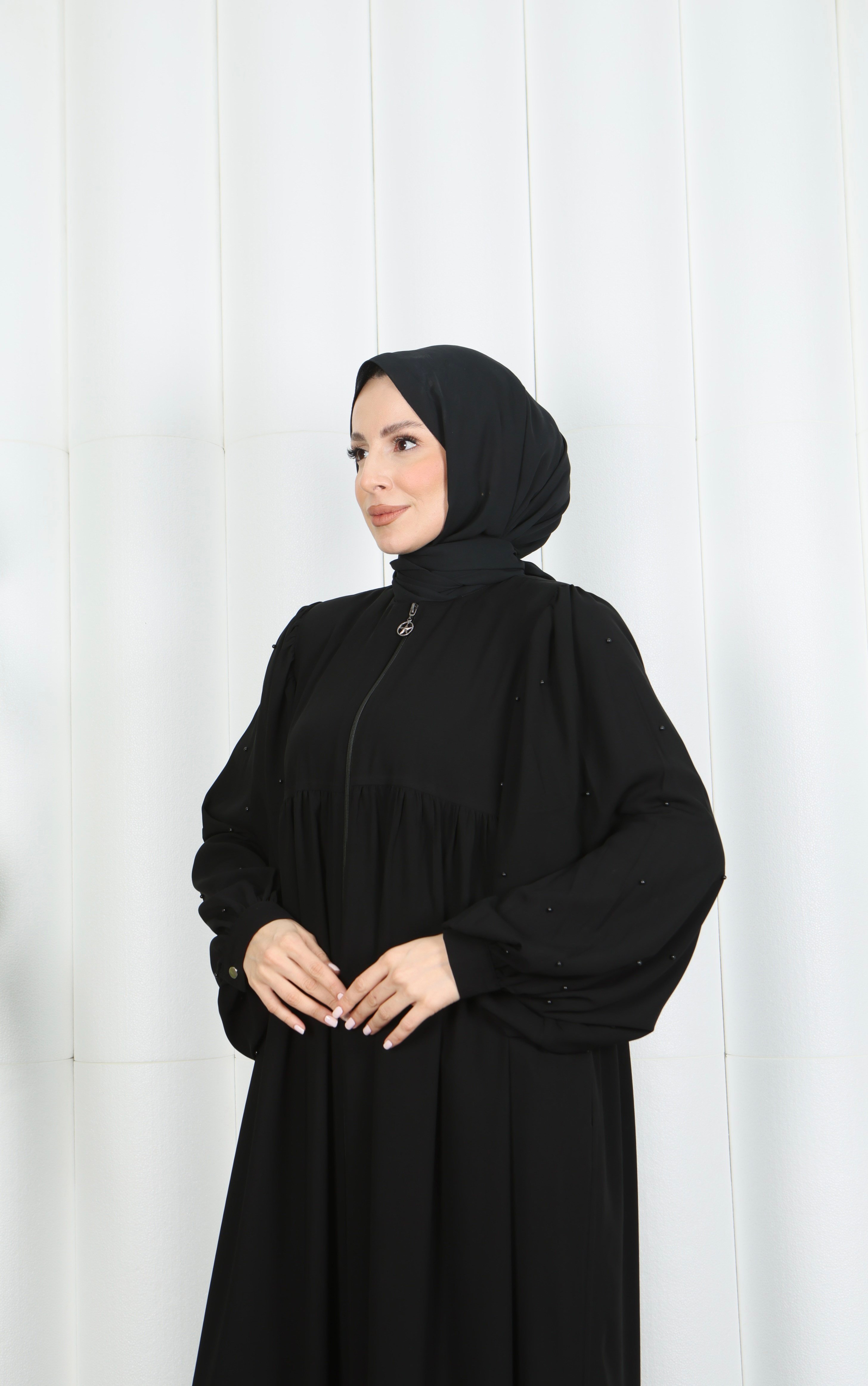 Balon Kol İnci Detaylı Fermuarlı Ferace Siyah  HNT7105