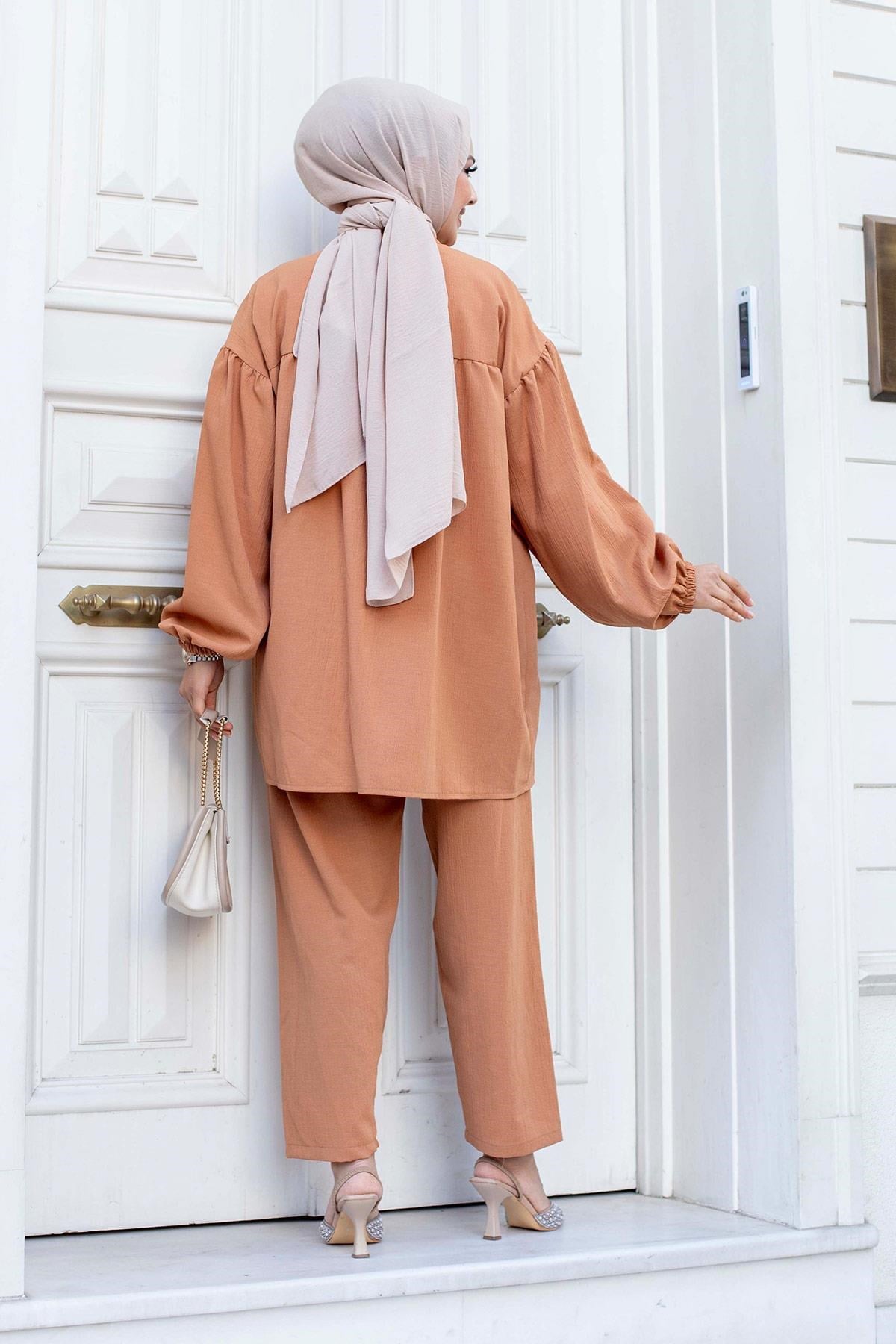 Balon Kol Tesettür Camel Takım