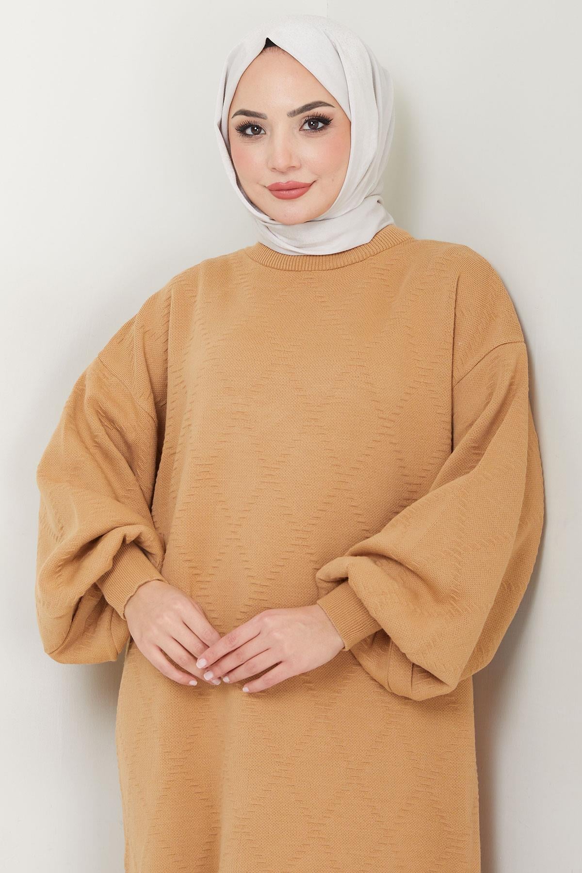 Balon Kol Triko Elbise Camel HM2535