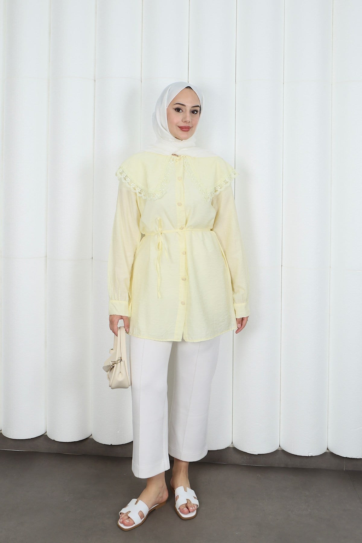 Bebe Yaka Dantel Detaylı Bağcıklı Tunik HNT2133 Sarı