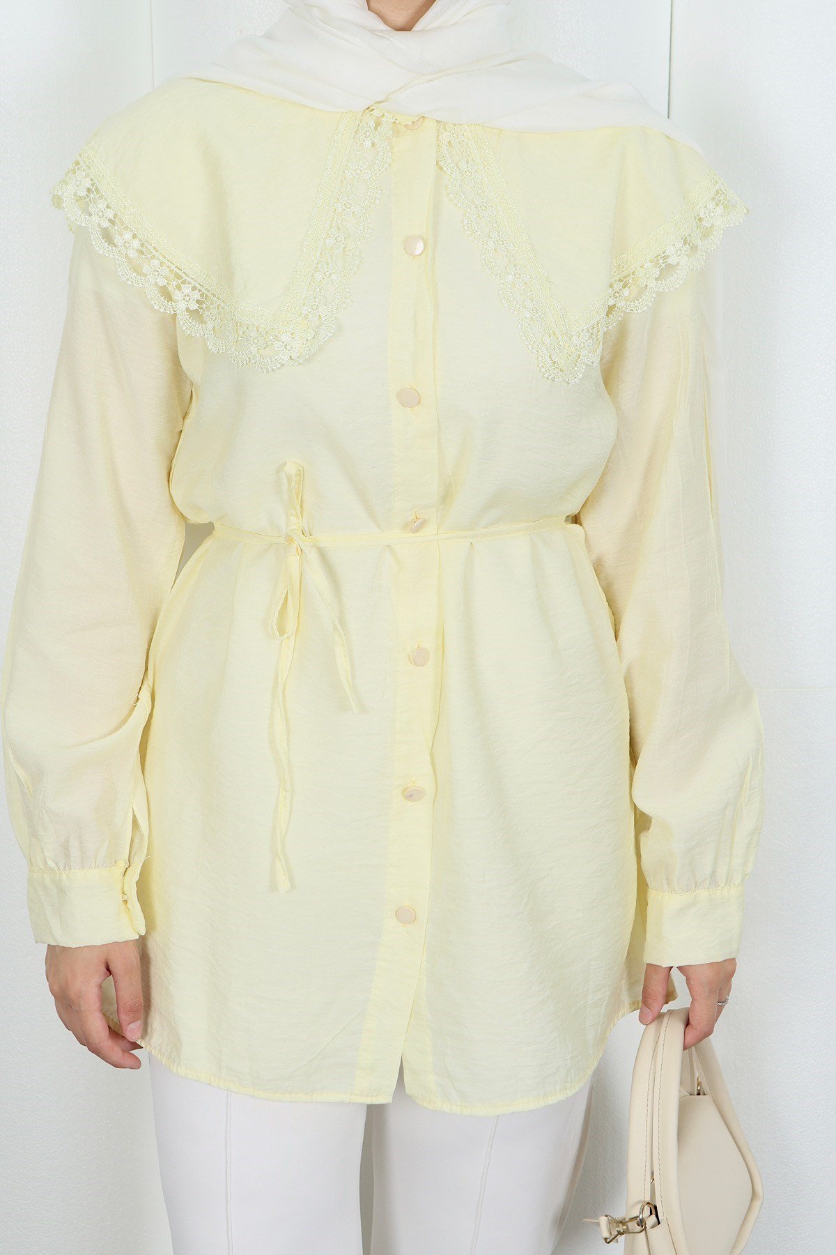 Bebe Yaka Dantel Detaylı Bağcıklı Tunik HNT2133 Sarı