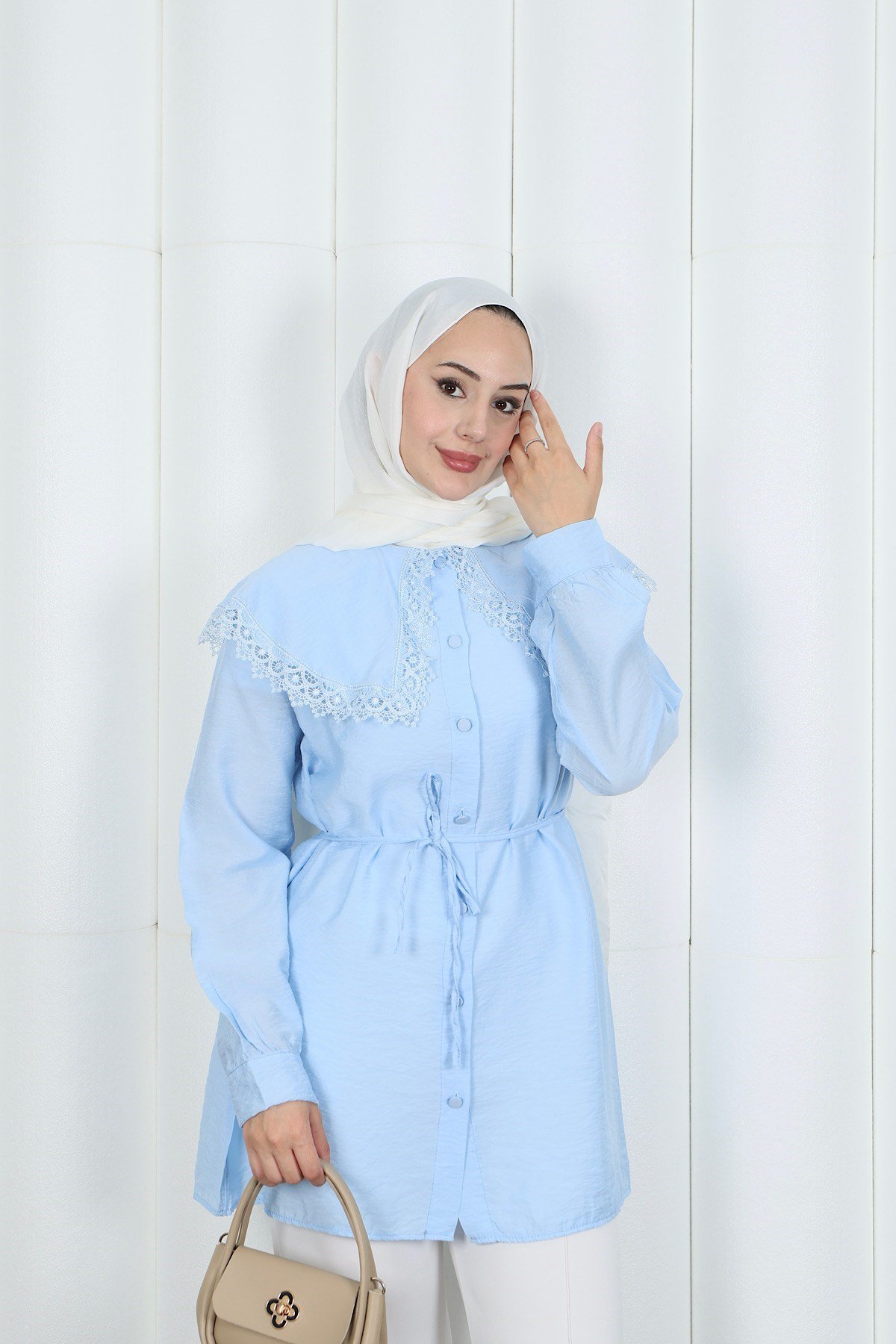 Bebe Yaka Dantel Detaylı Bağcıklı Tunik HNT2133 Bebe Mavisi