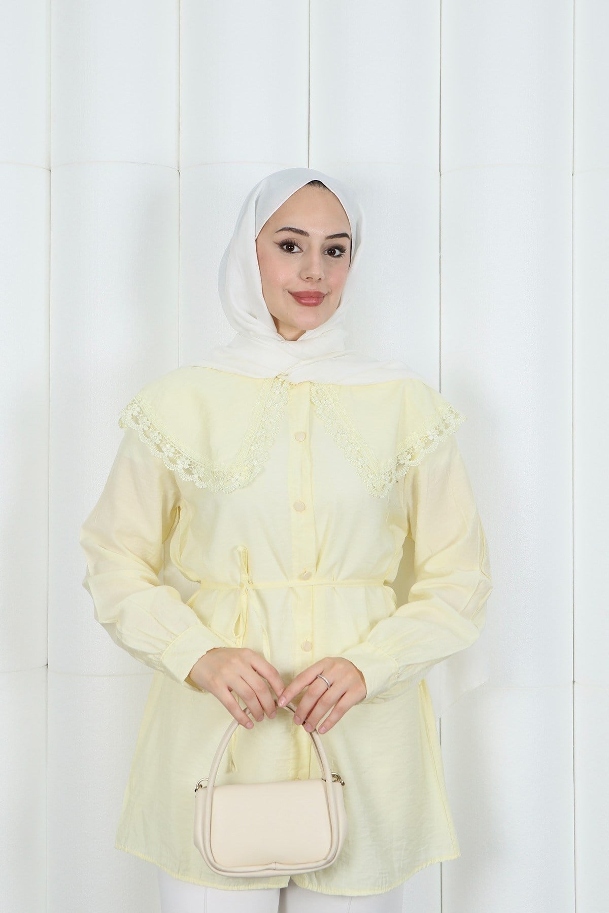 Bebe Yaka Dantel Detaylı Bağcıklı Tunik HNT2133 Sarı