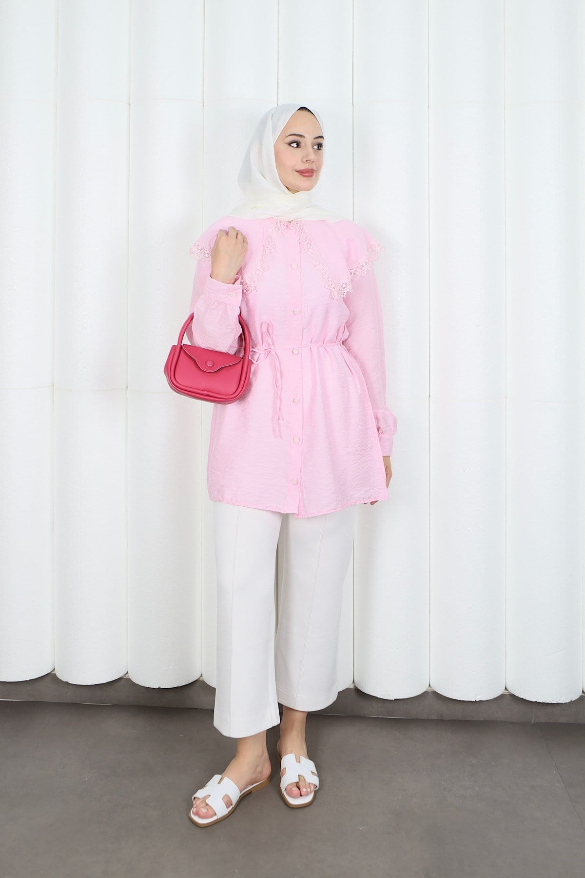 Bebe Yaka Dantel Detaylı Bağcıklı Tunik HNT2133 Pembe