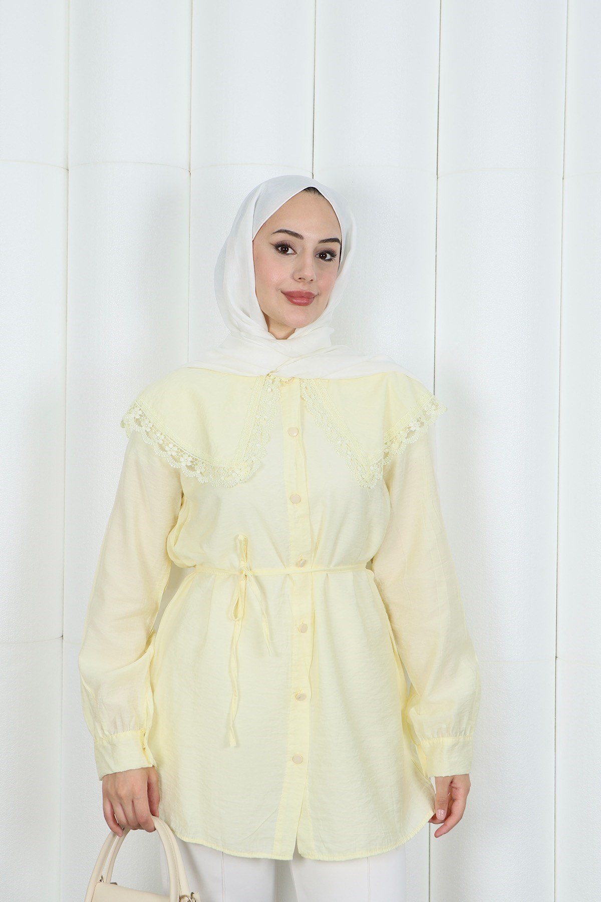 Bebe Yaka Dantel Detaylı Bağcıklı Tunik HNT2133 Sarı