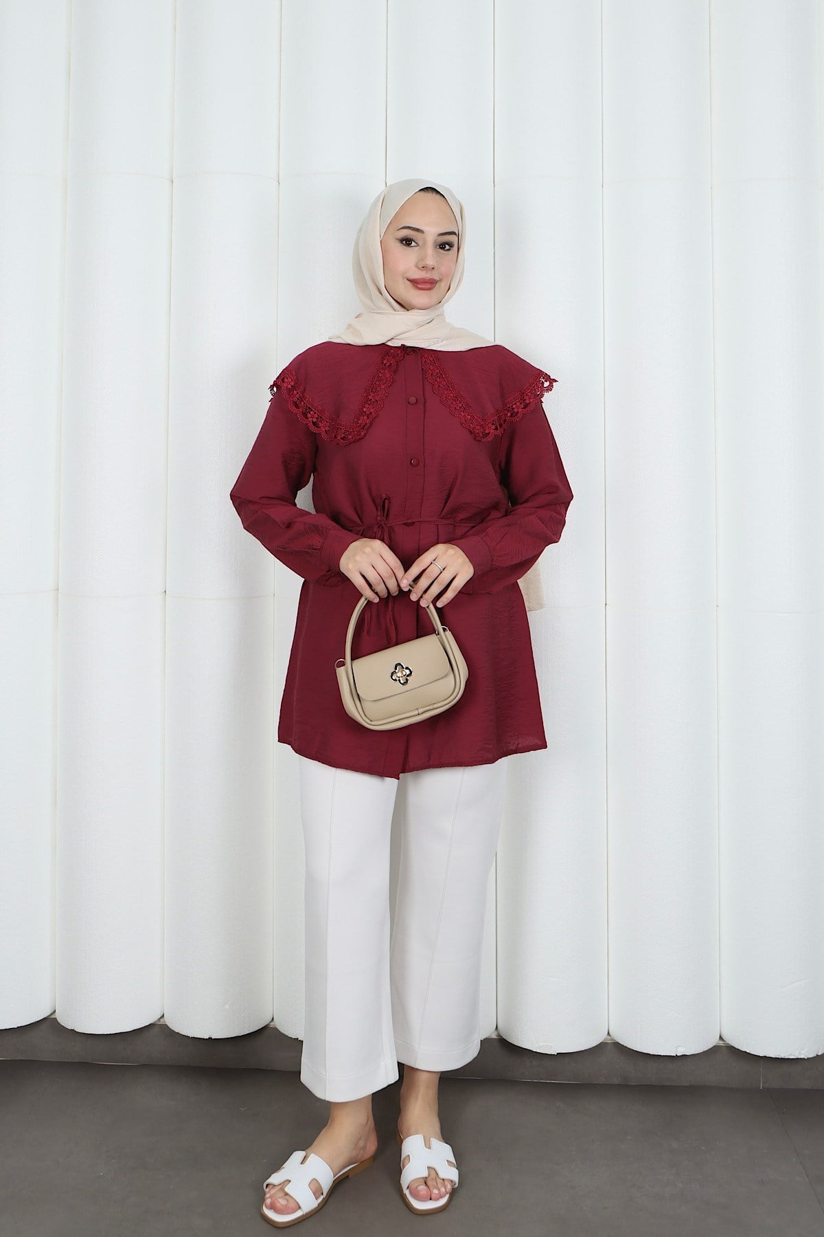 Bebe Yaka Dantel Detaylı Bağcıklı Tunik HNT2133 Bordo