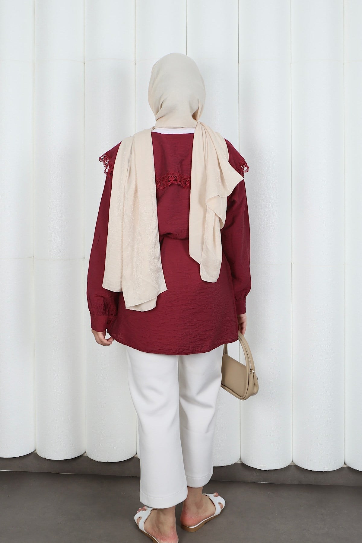 Bebe Yaka Dantel Detaylı Bağcıklı Tunik HNT2133 Bordo