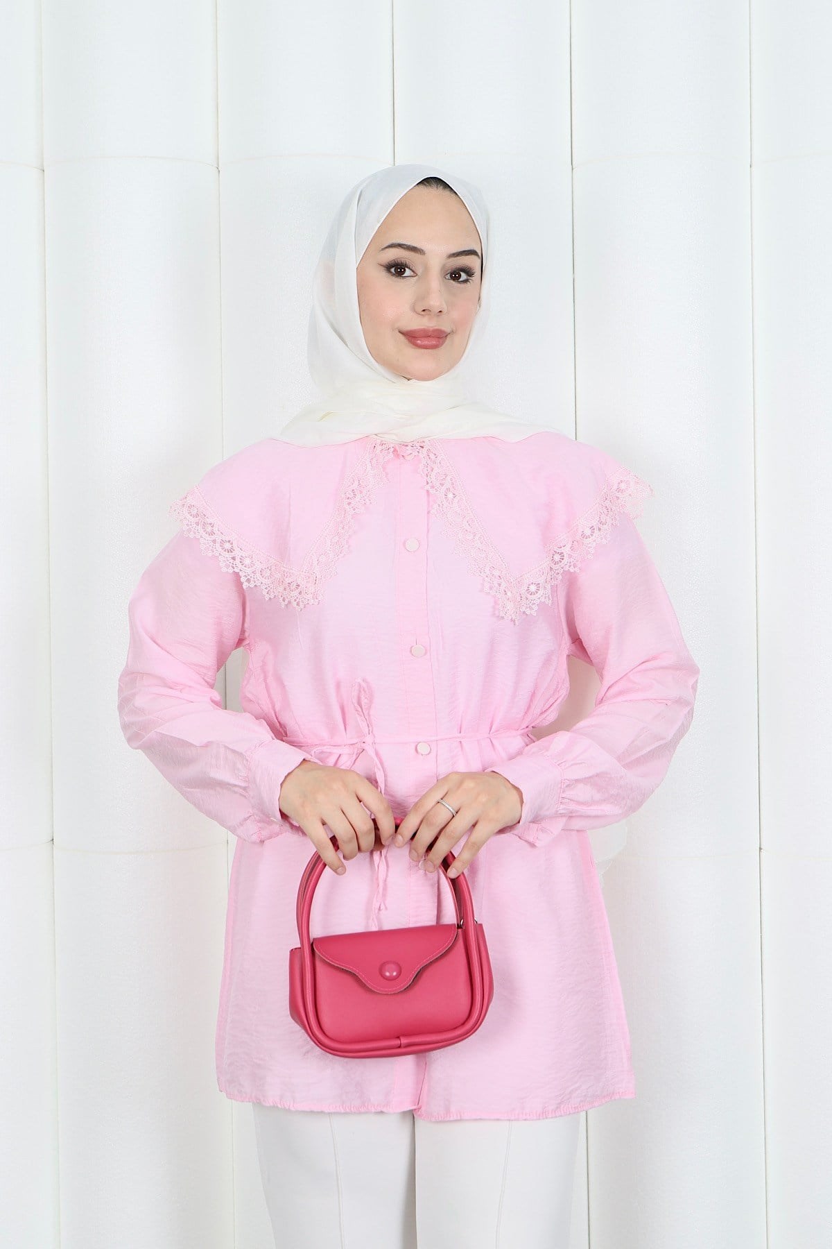 Bebe Yaka Dantel Detaylı Bağcıklı Tunik HNT2133 Pembe