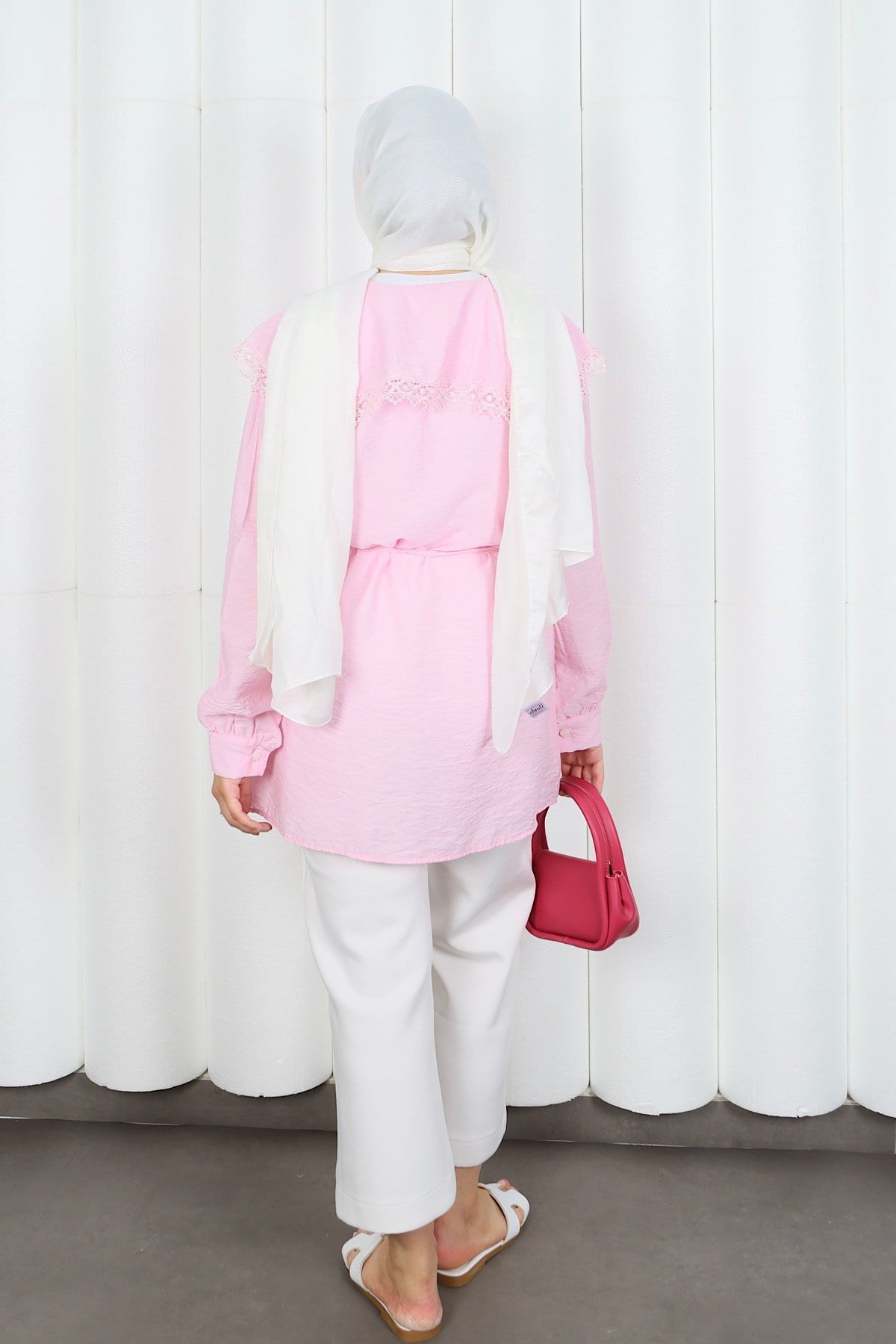 Bebe Yaka Dantel Detaylı Bağcıklı Tunik HNT2133 Pembe