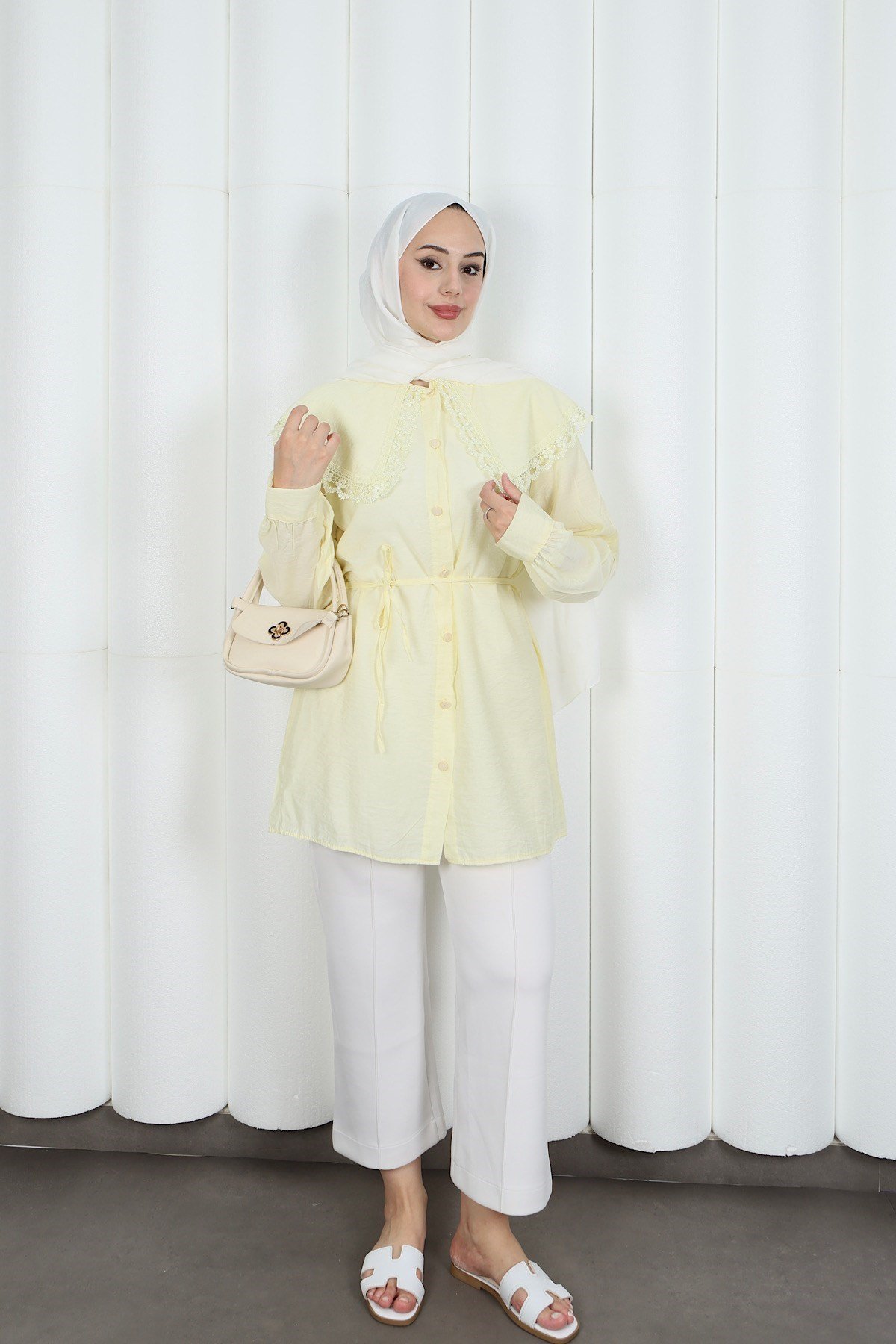 Bebe Yaka Dantel Detaylı Bağcıklı Tunik HNT2133 Sarı