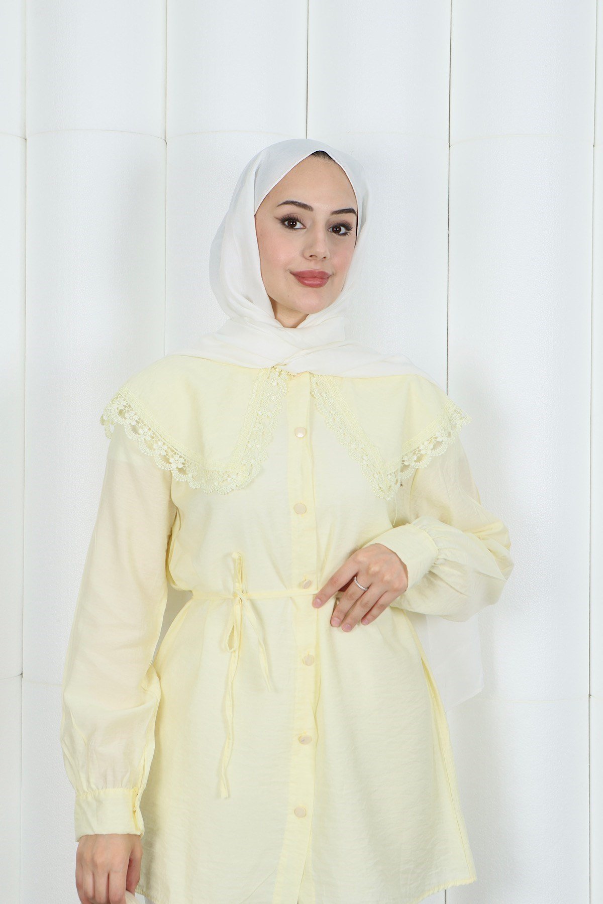 Bebe Yaka Dantel Detaylı Bağcıklı Tunik HNT2133 Sarı