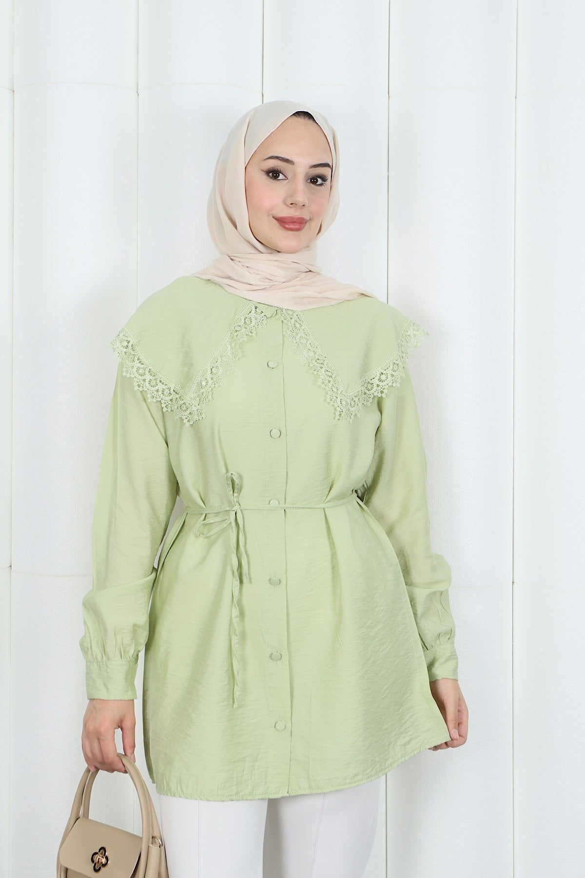 Bebe Yaka Dantel Detaylı Bağcıklı Tunik HNT2133 Yağ Yeşili