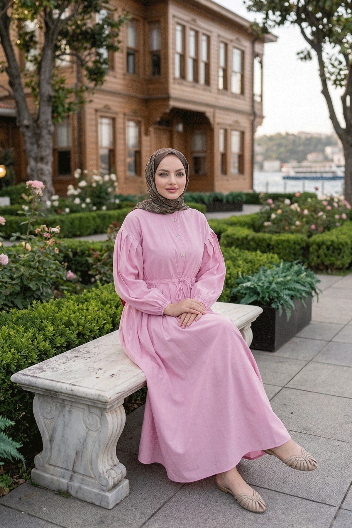 Belden Piliseli Bağcıklı Düğme Detaylı Elbise Pembe   HNT0310