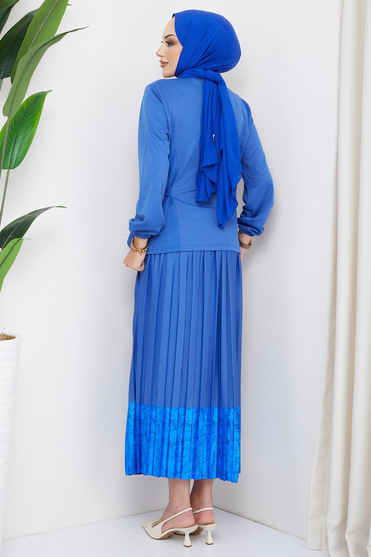 Beli Bağlamalı Etekli Takım Saks HM2200