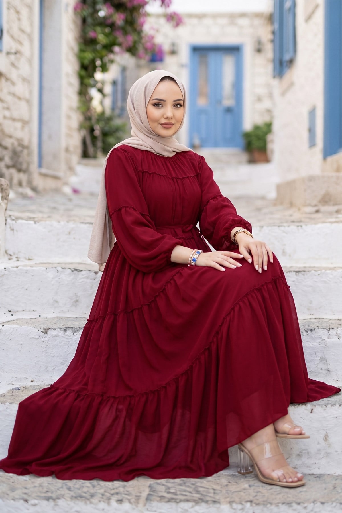 Beli Bağlamalı Fırfır Detaylı Astarlı Şifon Elbise Kırmızı HM2942